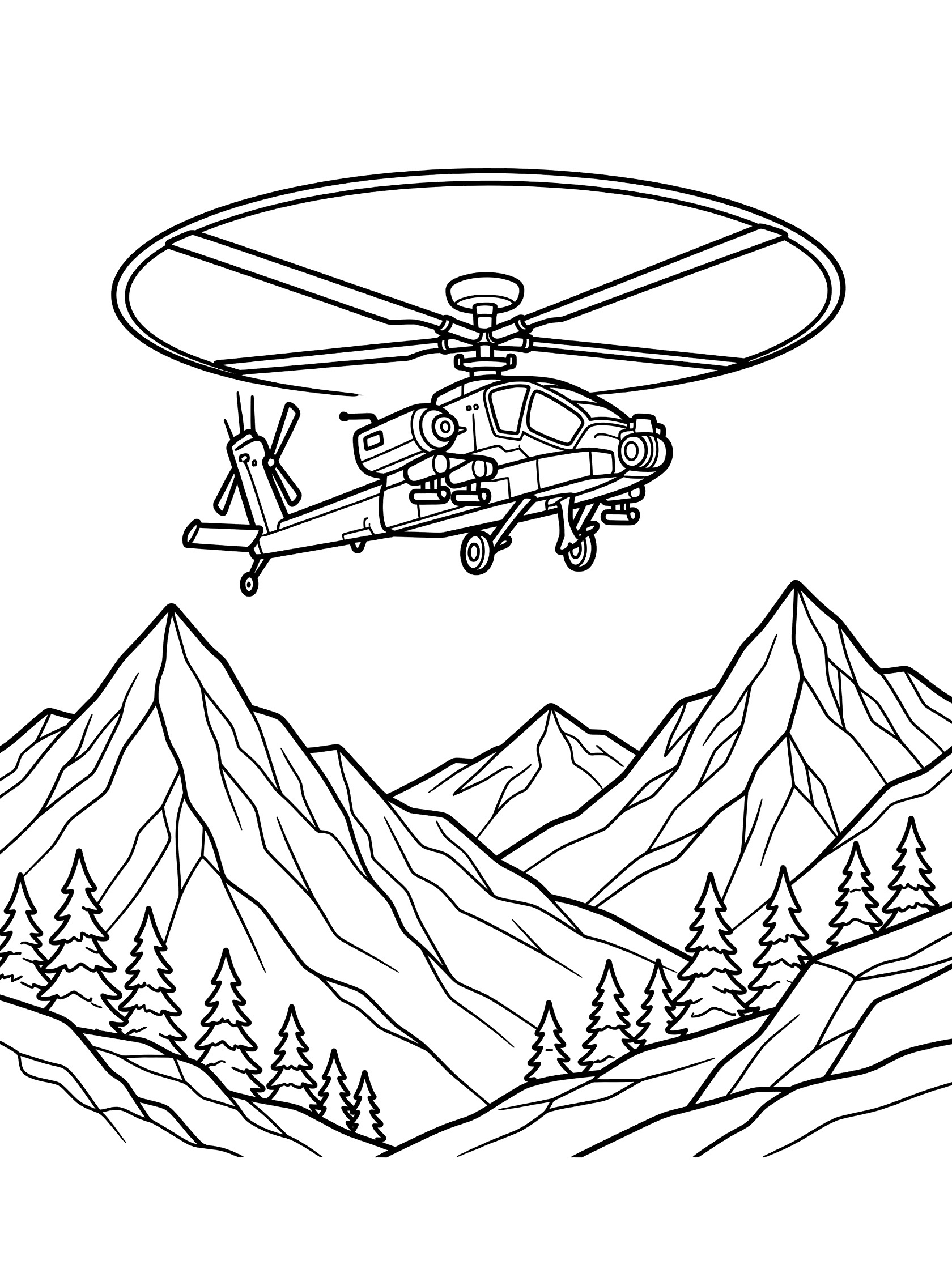 Black and white line art coloring page showing a helicopter soaring above jagged mountain peaks with pine trees on the slopes. Apache Helicopter themed black and white printable line art