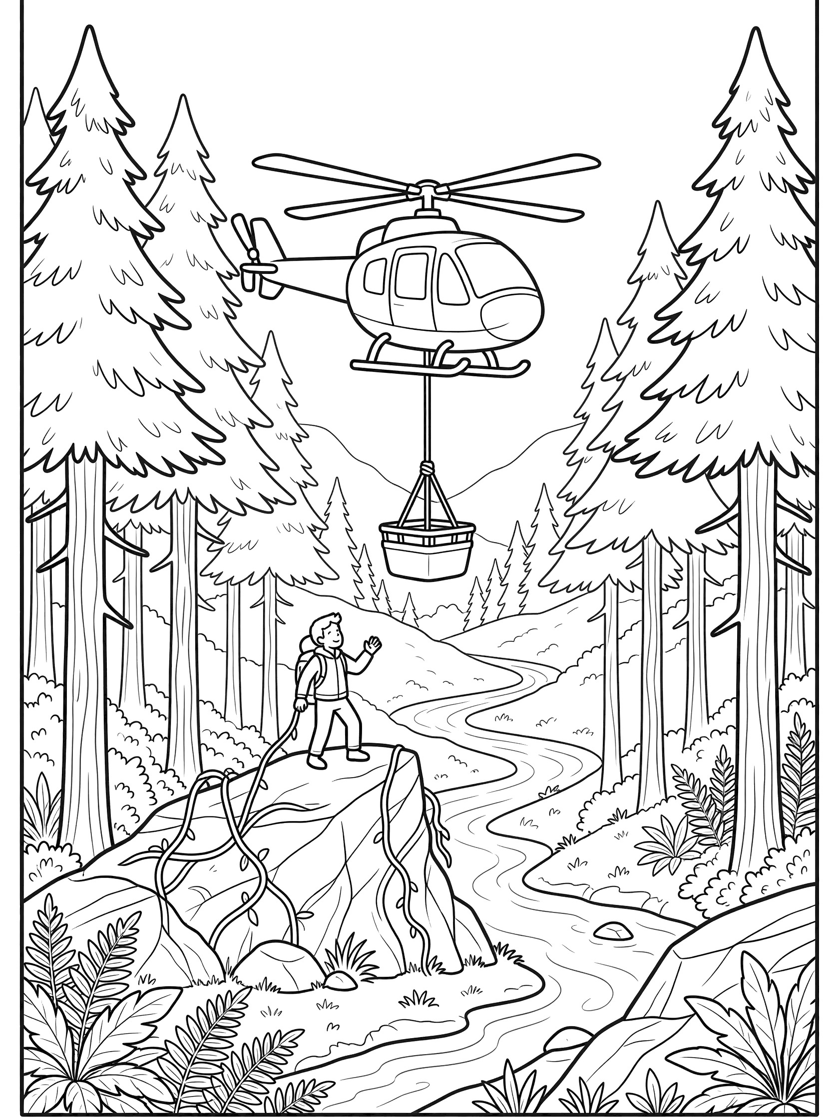 Cute cartoon military helicopter lowering a rescue basket on a rope to a stranded hiker in a dense forest with pine trees, ferns, rocky outcrop, river, and misty hills.