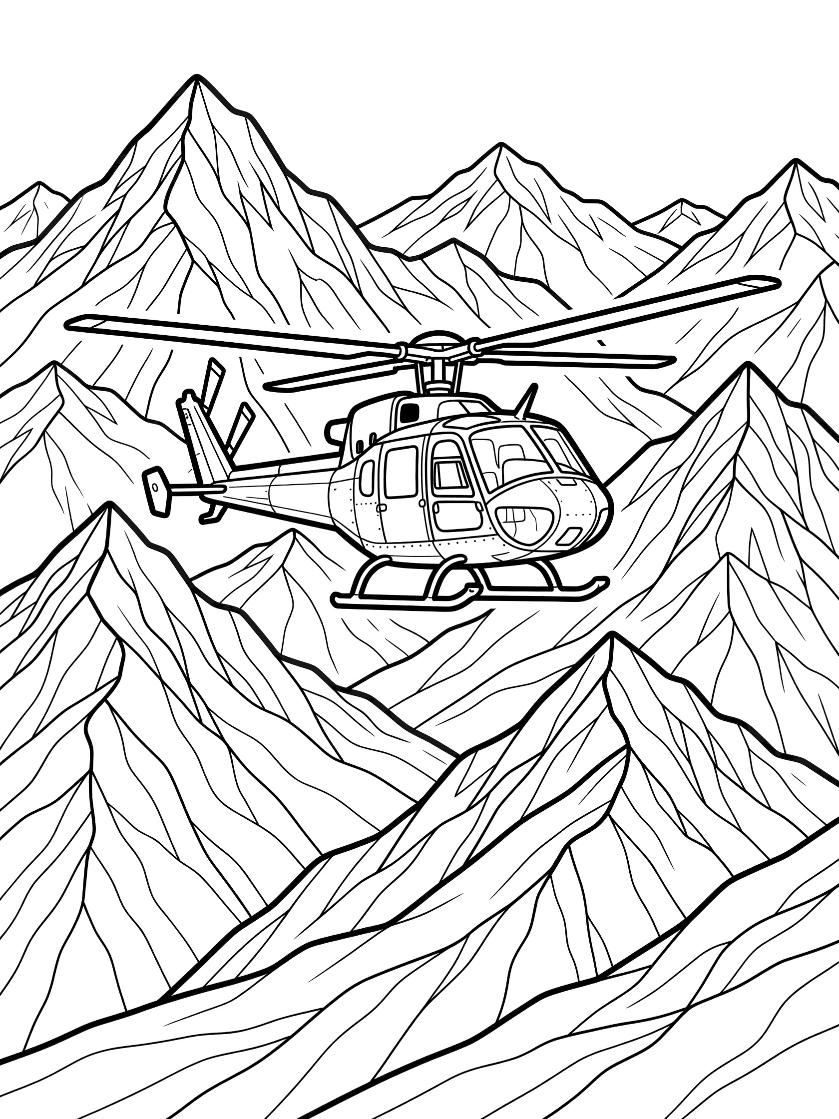 Black and white line art coloring page showing a military helicopter with spinning rotors and landing skids flying over rugged snow-capped mountain peaks and deep valleys.