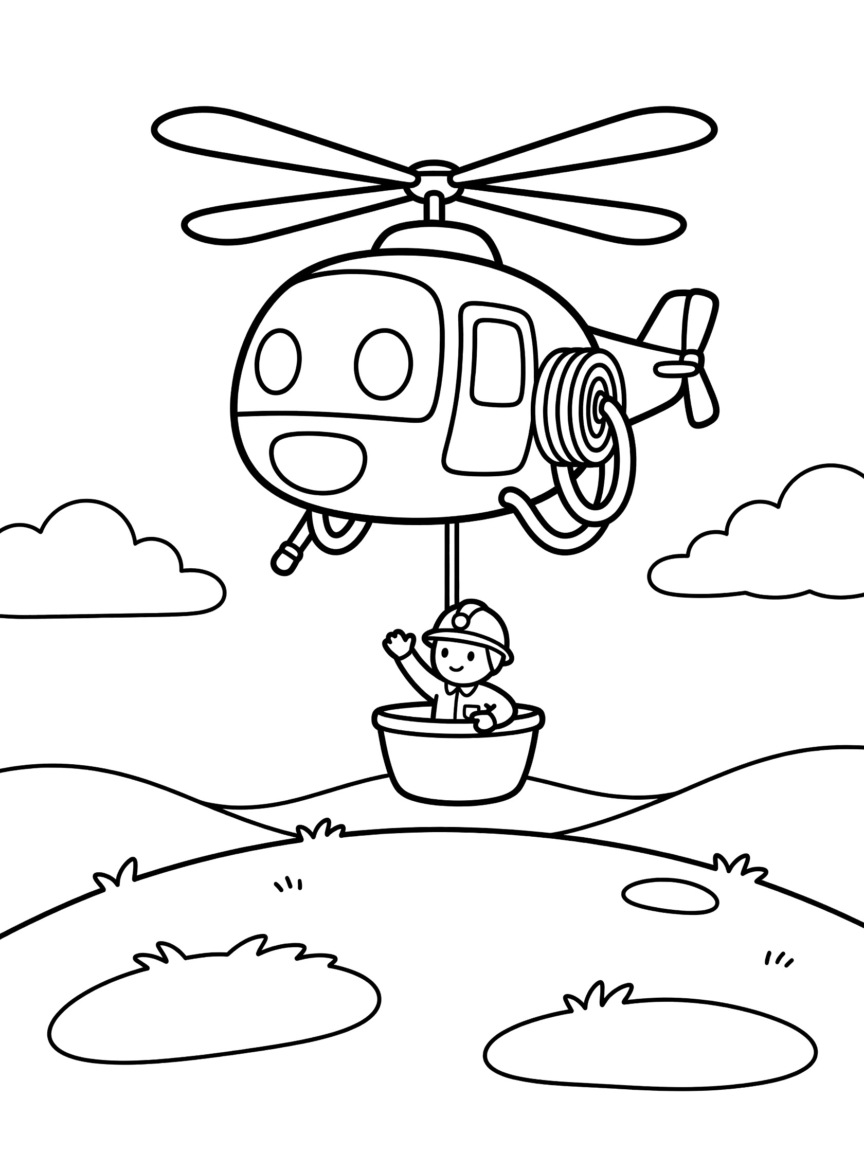 Black and white line art of a cartoon helicopter hovering and picking up a round rescue basket with a smiling worker waving from inside, over hills and clouds. Fire Helicopter themed black and white printable line art