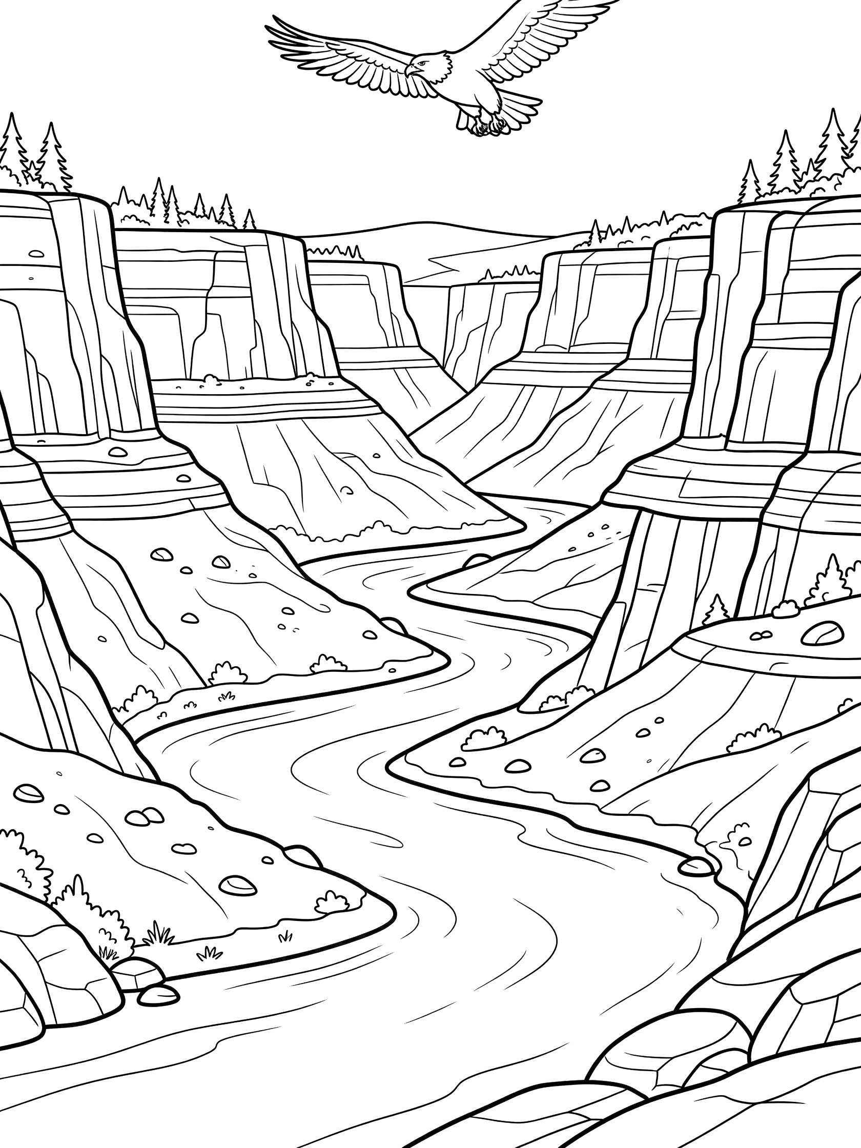 Black-and-white coloring page of Hells Canyon with Snake River flowing through deep gorge, layered cliffs, scrubby pines, boulders, and bald eagle flying above.