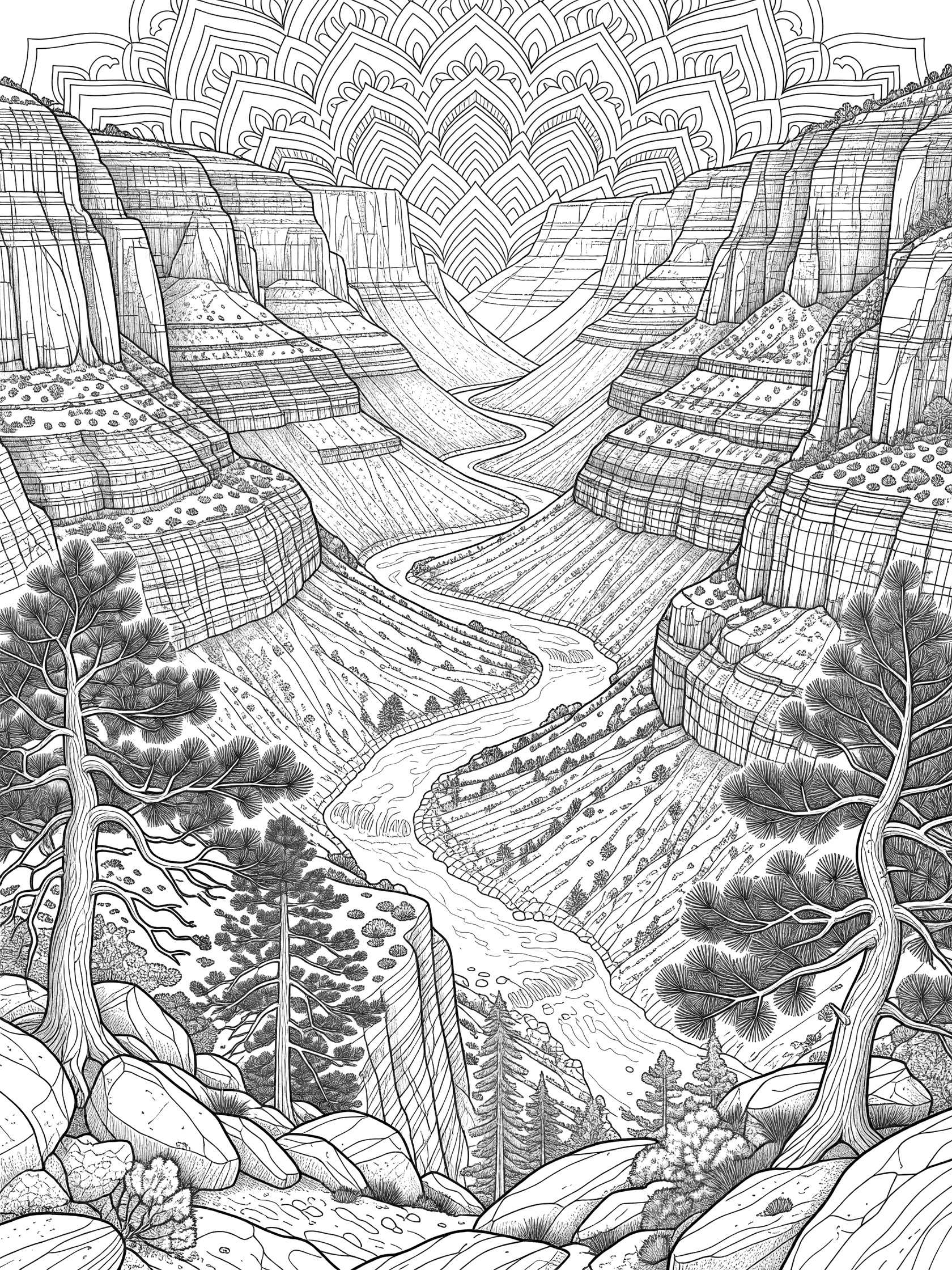 Black and white line art coloring page of Hells Canyon rim vista with layered cliffs radiating like petals, Snake River below, pine trees and rocks in foreground.