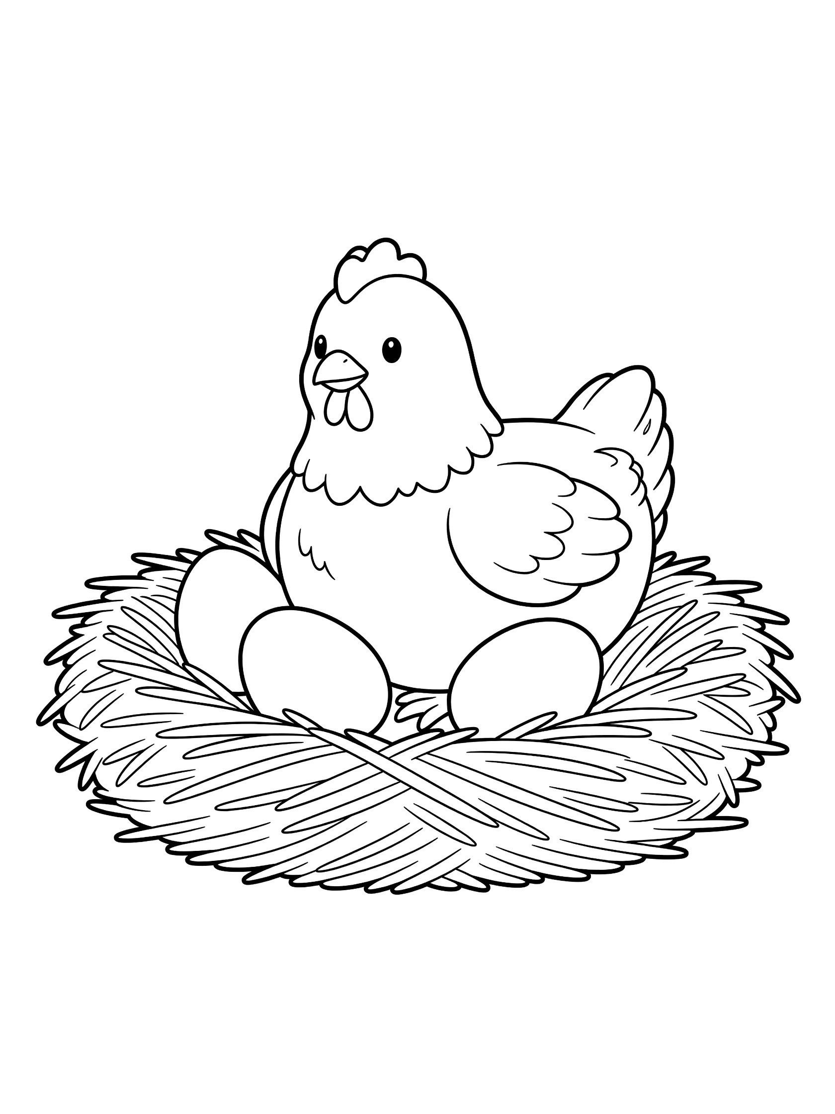 Black and white line drawing of a hen with beak, eyes, wings, tail, and feet sitting in a round straw nest with three large eggs. Chickens themed black and white printable line art
