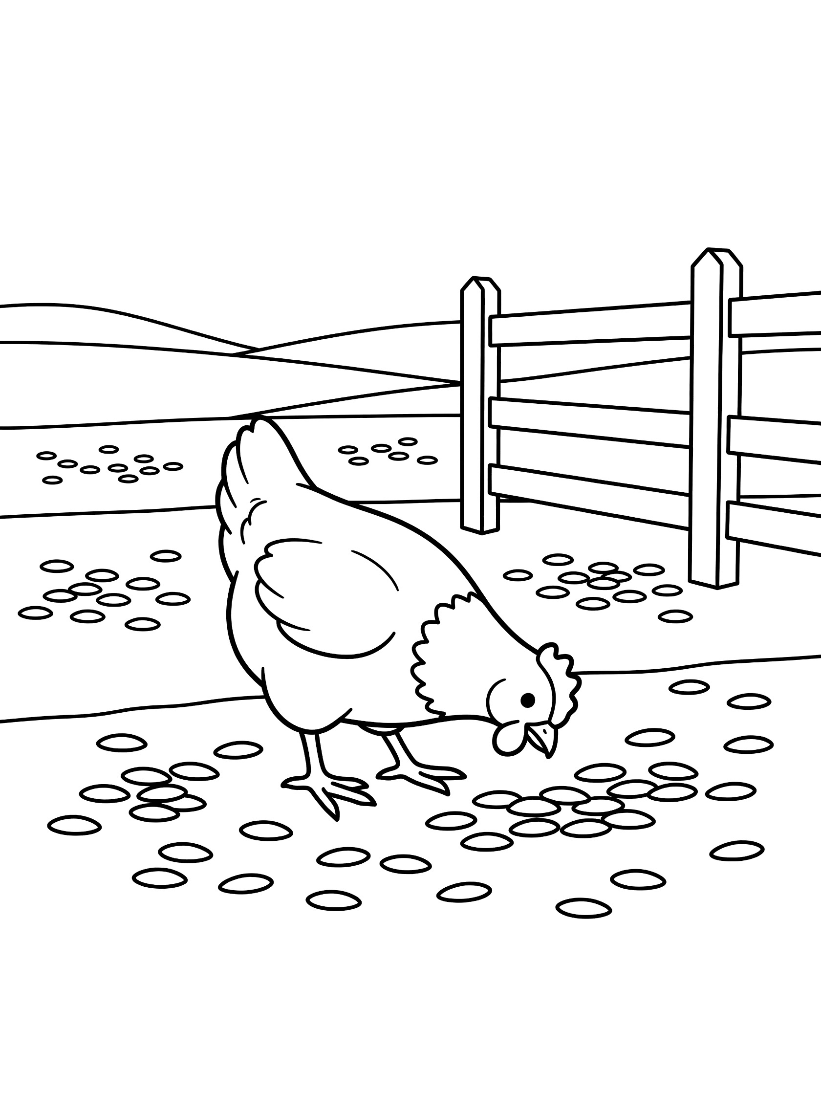 Black and white coloring page showing a chicken pecking scattered coins near a wooden fence in a farmyard with ground and hills. Chickens themed black and white printable line art