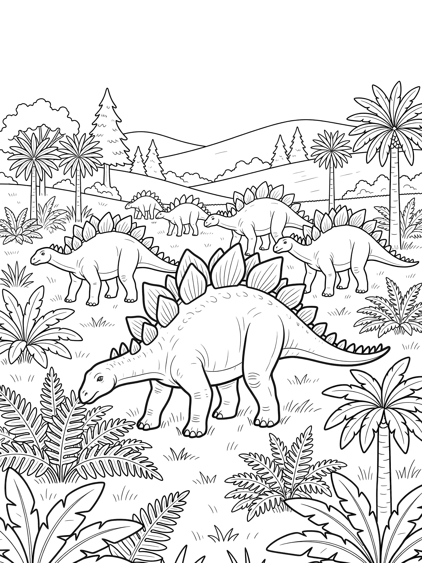 Black and white coloring page of a herd of Stegosaurus dinosaurs in a prehistoric meadow with ferns, tall trees, gentle hills, and one Stegosaurus eating leaves.