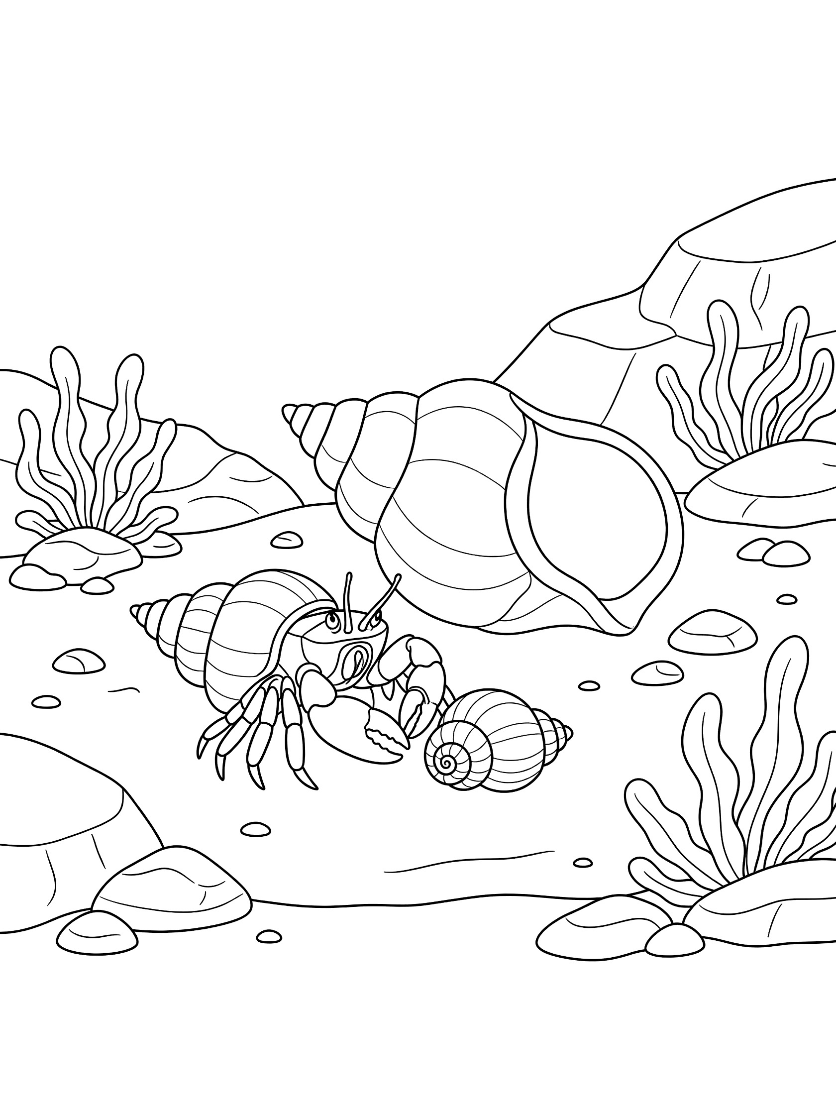 Black and white line art coloring page showing a hermit crab standing by its small shell, looking at a larger empty seashell, surrounded by rocks, pebbles, and seaweed.
