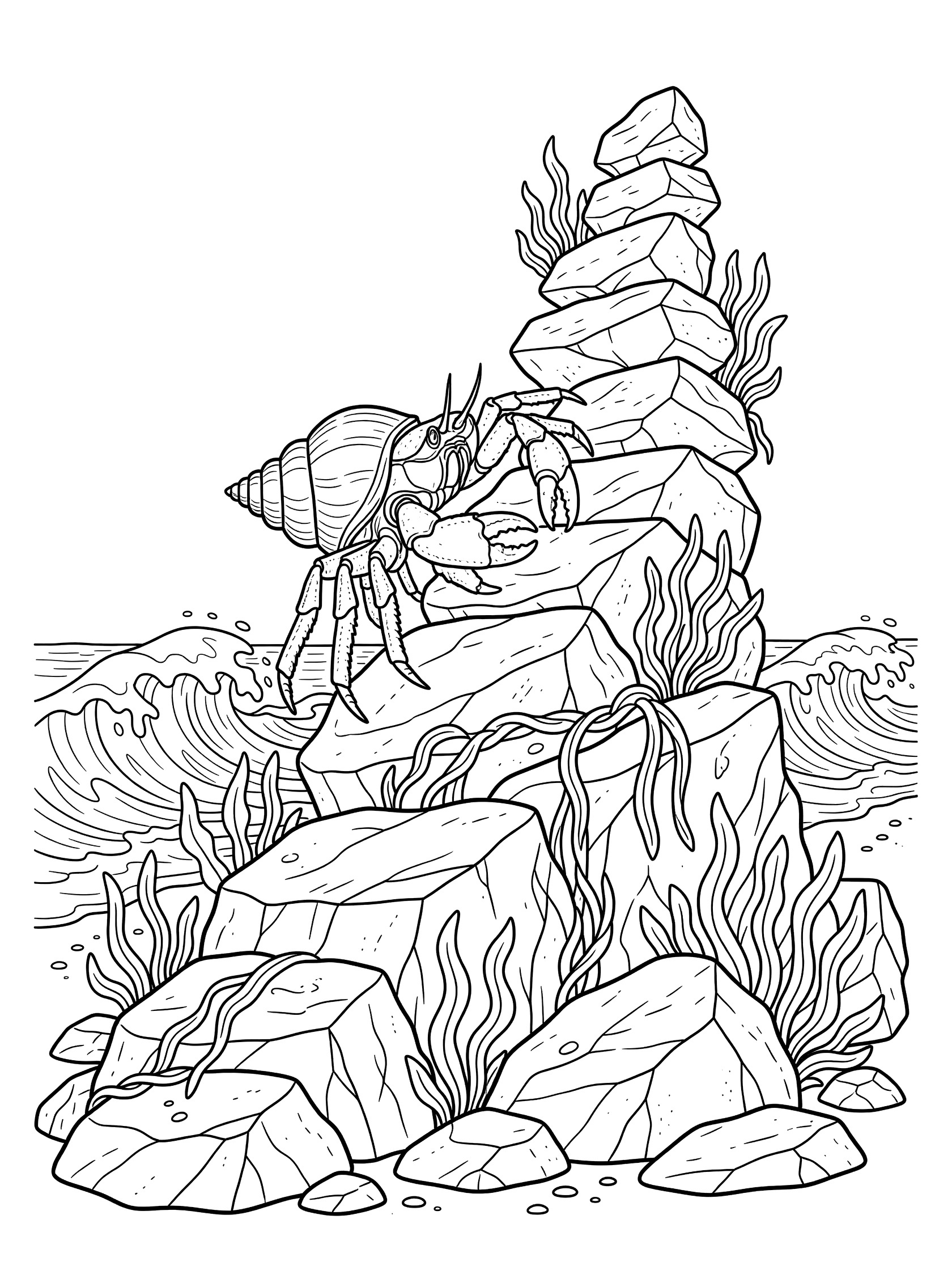 Black and white line art of a hermit crab with shell climbing a stack of rocks covered in seaweed, with crashing waves in the background.