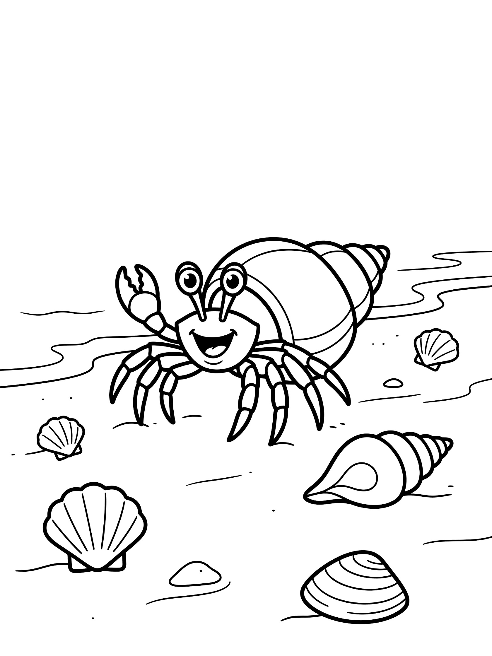 Black and white line art of a happy hermit crab with big eyes peeking out of a spiral shell, walking sideways on sand near waves, surrounded by clamshells and small shells.