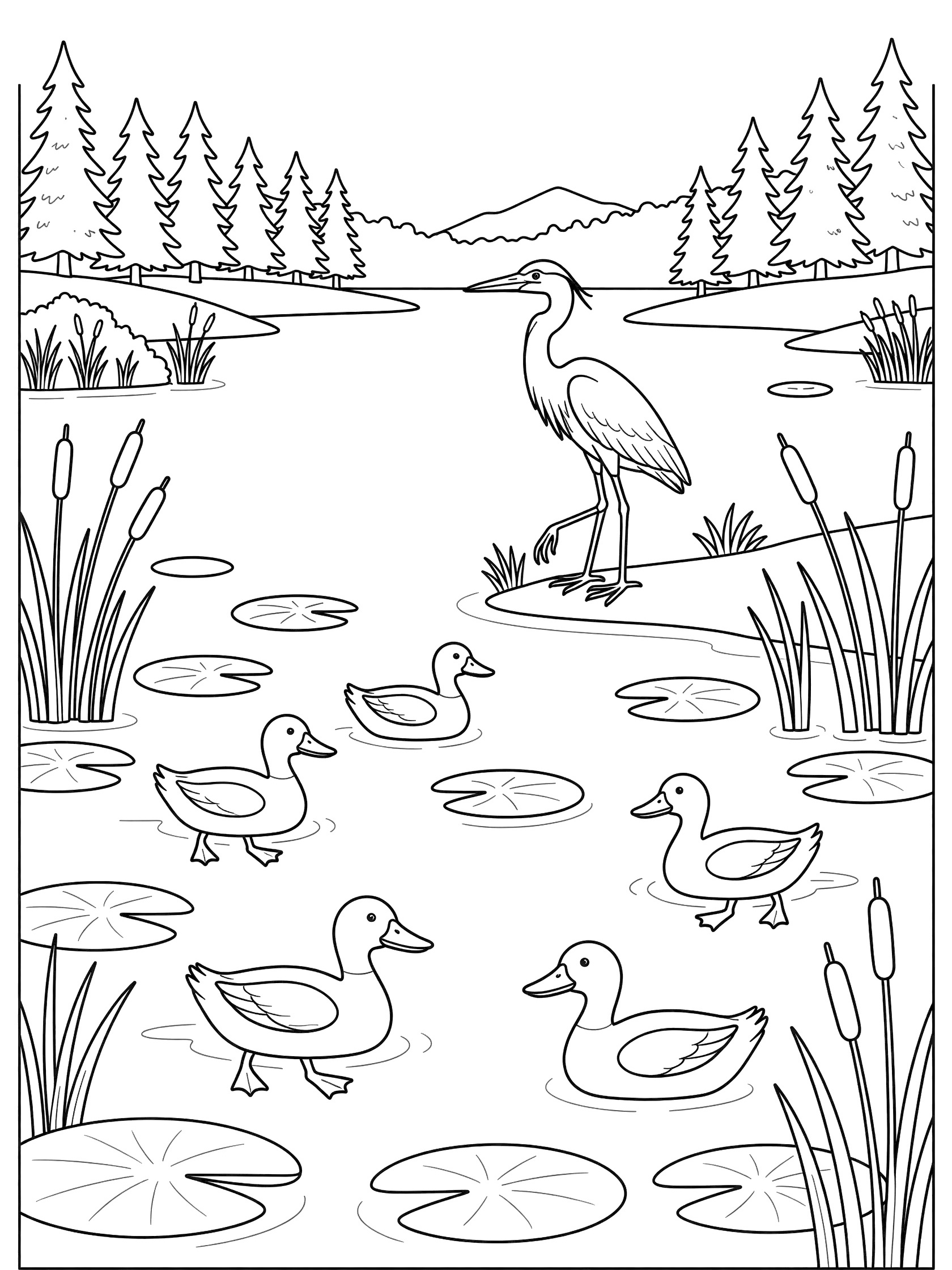 Black and white line art coloring page of a tall heron on one leg at a pond shore, ducklings swimming with lily pads and reeds, pine trees, and distant mountains. Lake Tahoe themed black and white printable line art