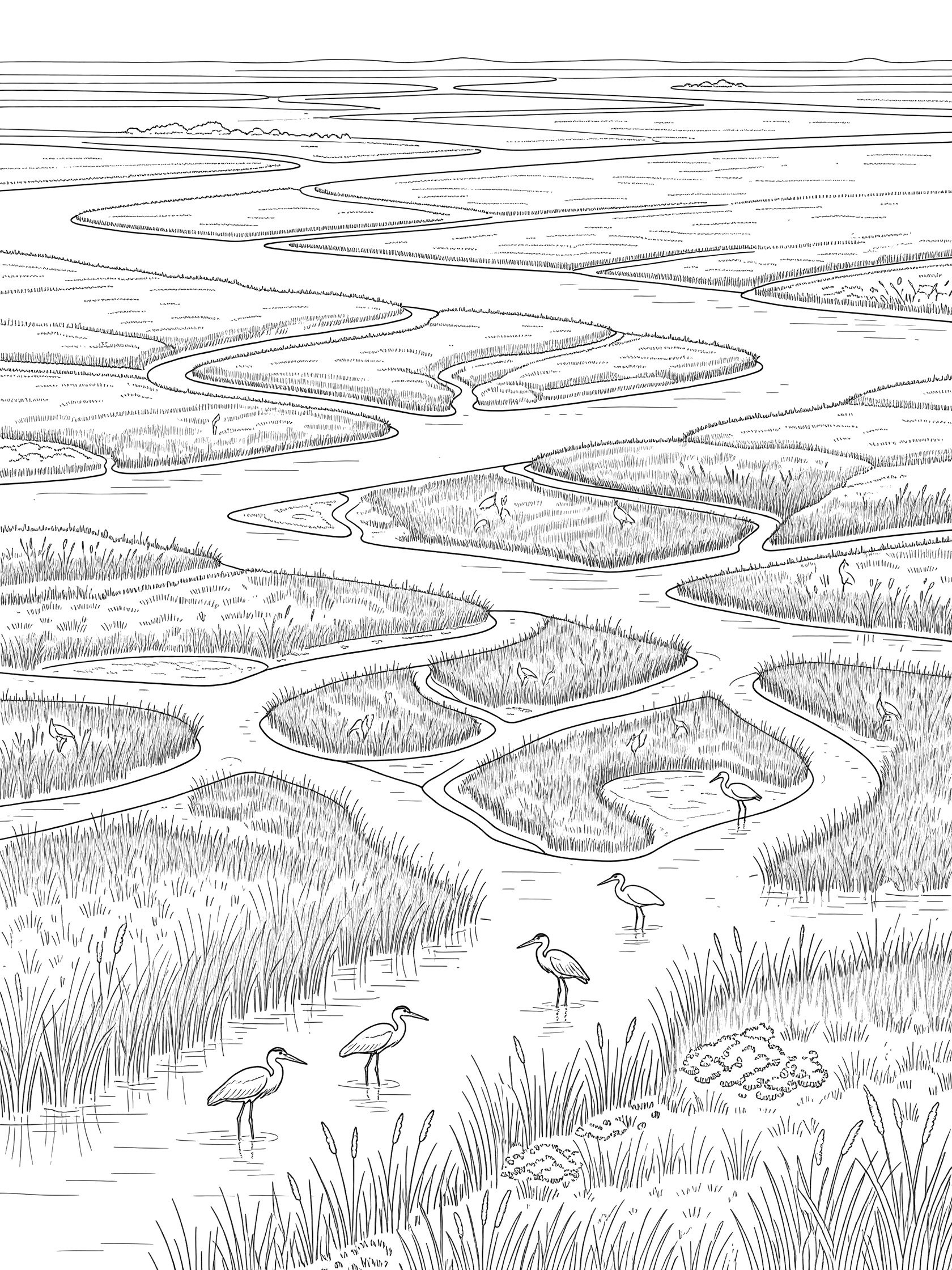 Black and white line art coloring page showing four herons wading in a marsh with tall grasses, shallow water channels, and wetland landscape. Mississippi River themed black and white printable line art