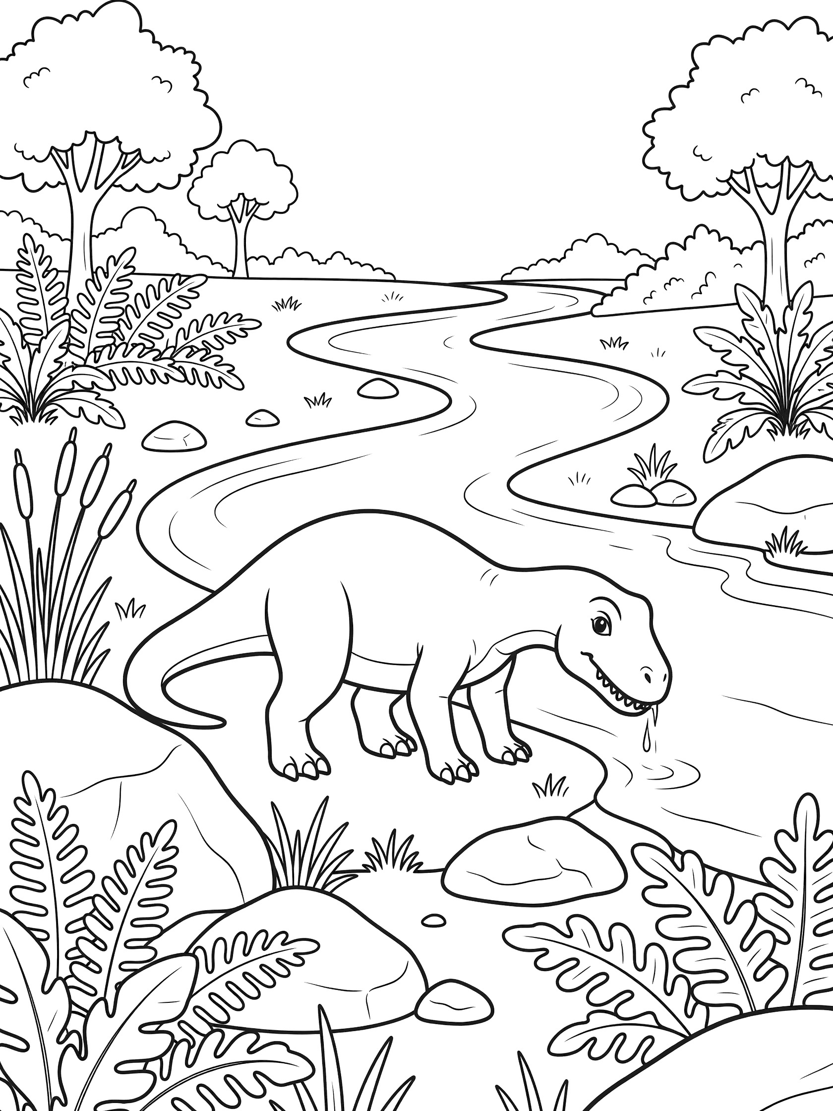 Black and white coloring page showing a Herrerasaurus dinosaur standing by a river, head lowered to drink, with rocks, reeds, ferns, and background trees.