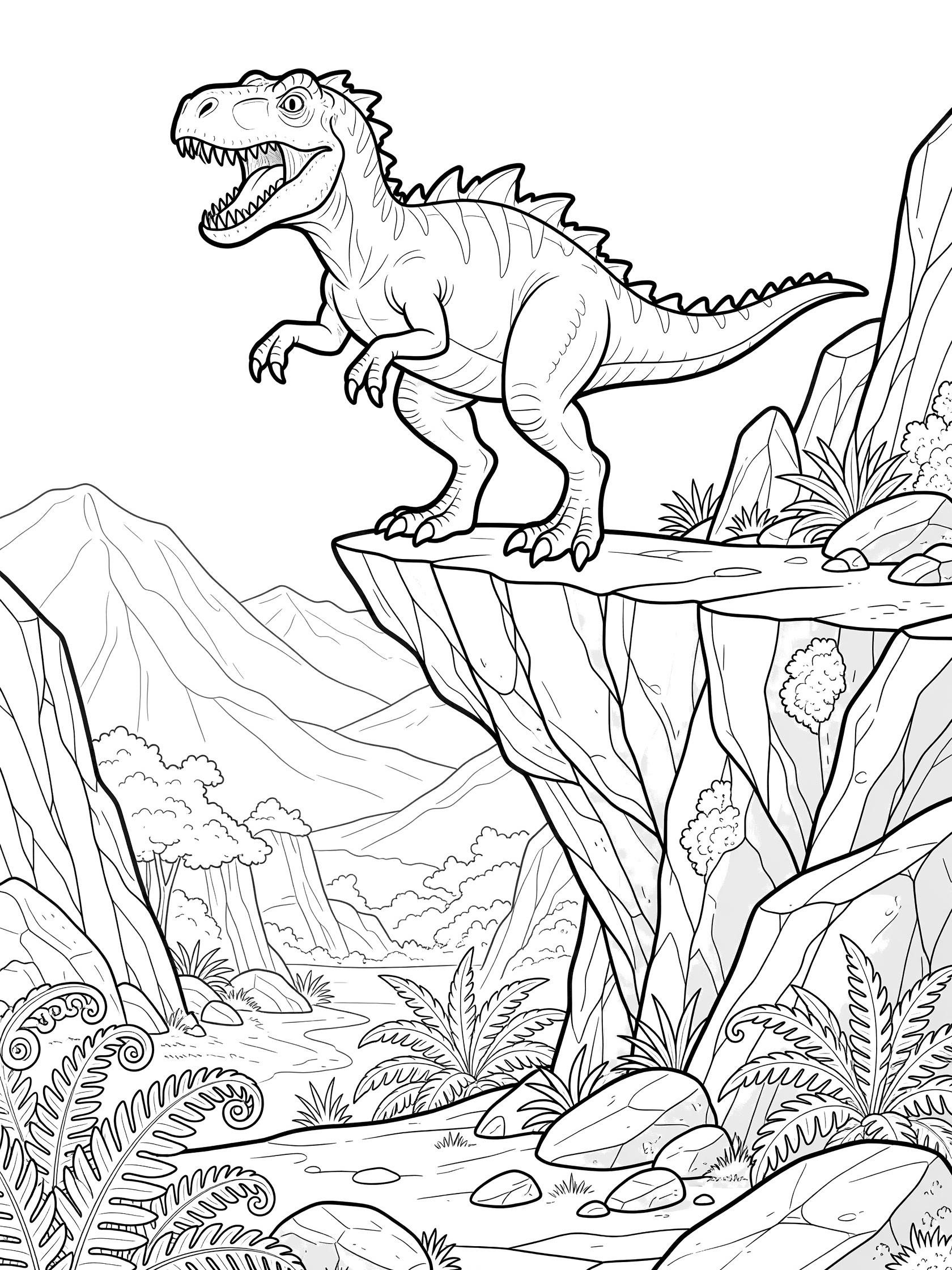Black-and-white coloring page of a Herrerasaurus dinosaur rearing up on a steep cliff edge with open mouth, sharp teeth, spiky plates, prehistoric valley, ferns, and mountains.