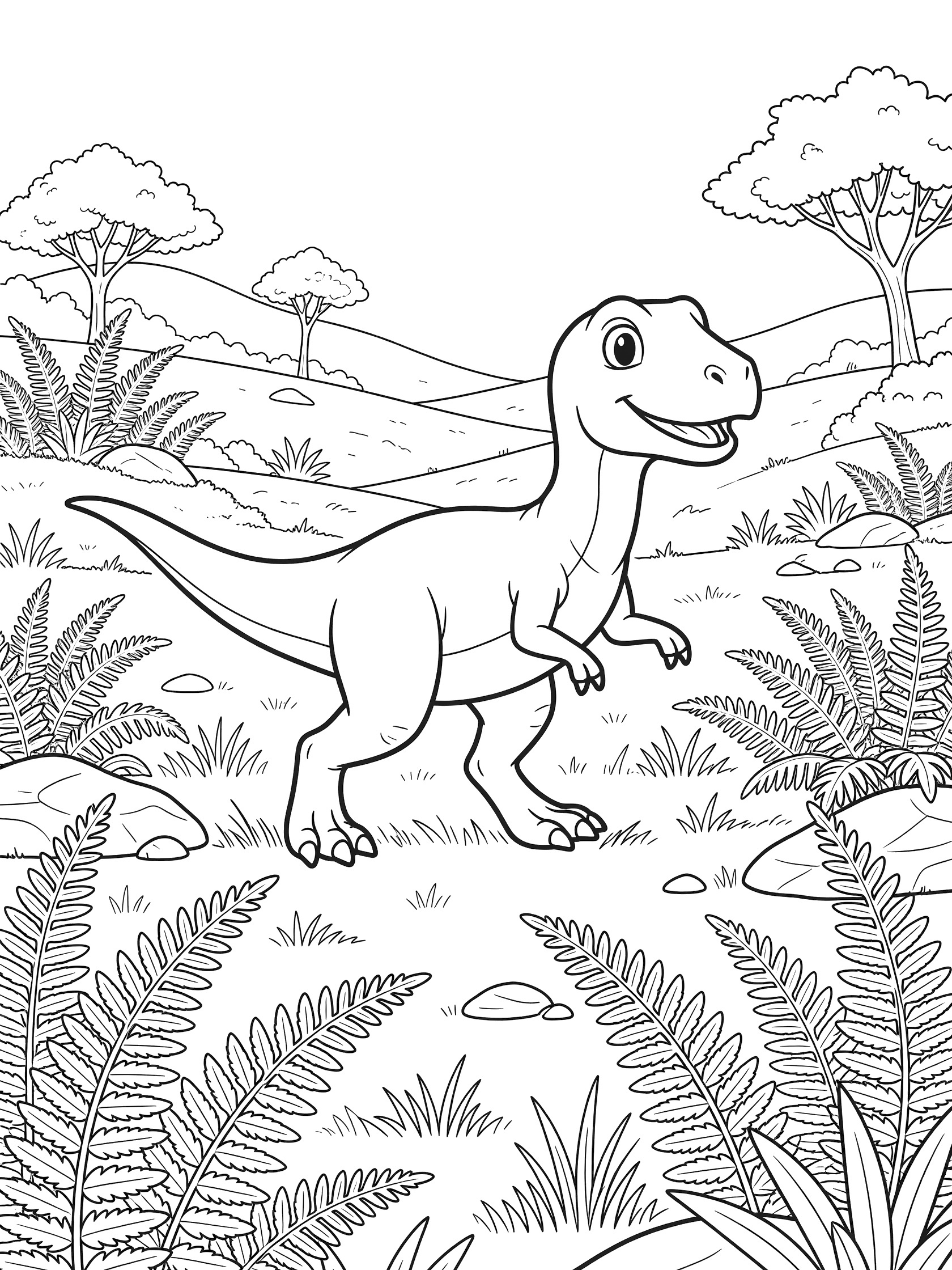 Black-and-white coloring page of a Herrerasaurus dinosaur running dynamically with big eyes, long tail, small arms, ferns, rocks, and hills in the background.