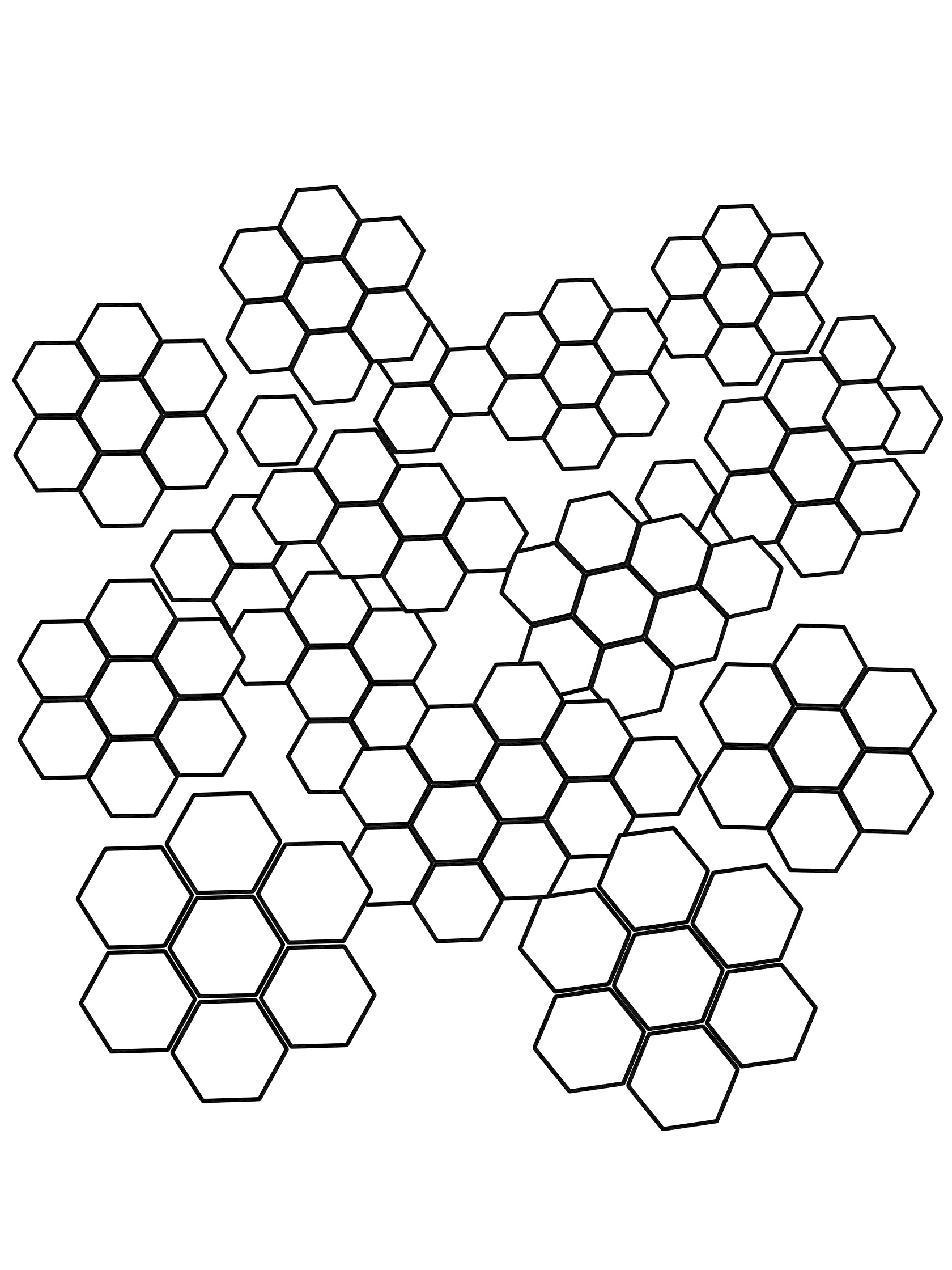 Black and white line art coloring page of hexagon honeycomb patterns in flower-like clusters on white background