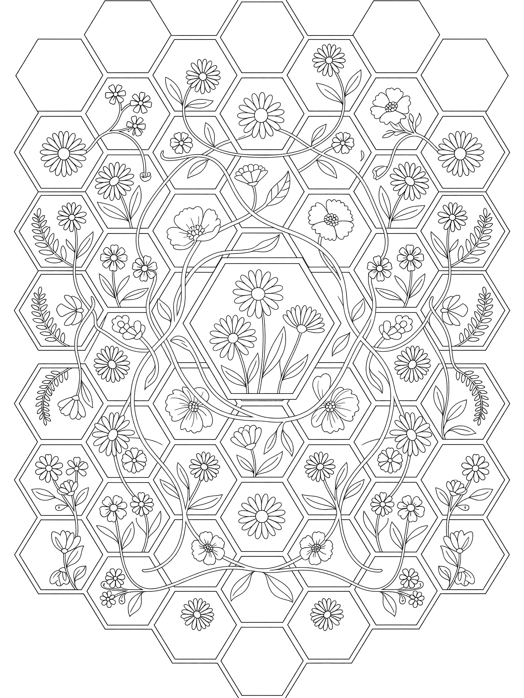 Black and white line art of a symmetrical hexagonal grid pattern filled with outlined flowers, leaves, and vines for coloring, featuring a large central hexagon.