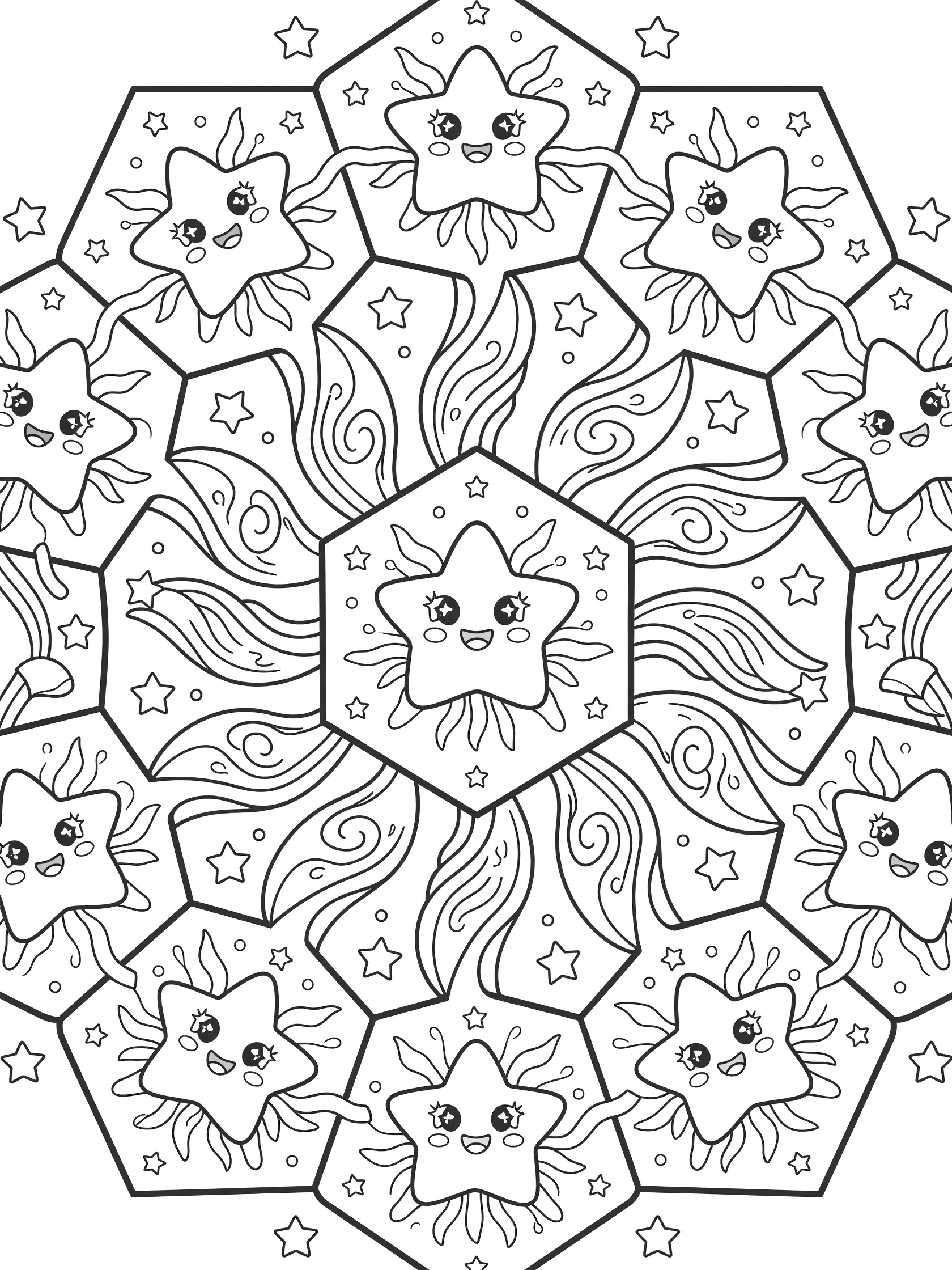 Black and white line art coloring page featuring a mandala of hexagons with chubby smiling star characters, big eyes, rosy cheeks, and wavy rays connected by swirling tails.