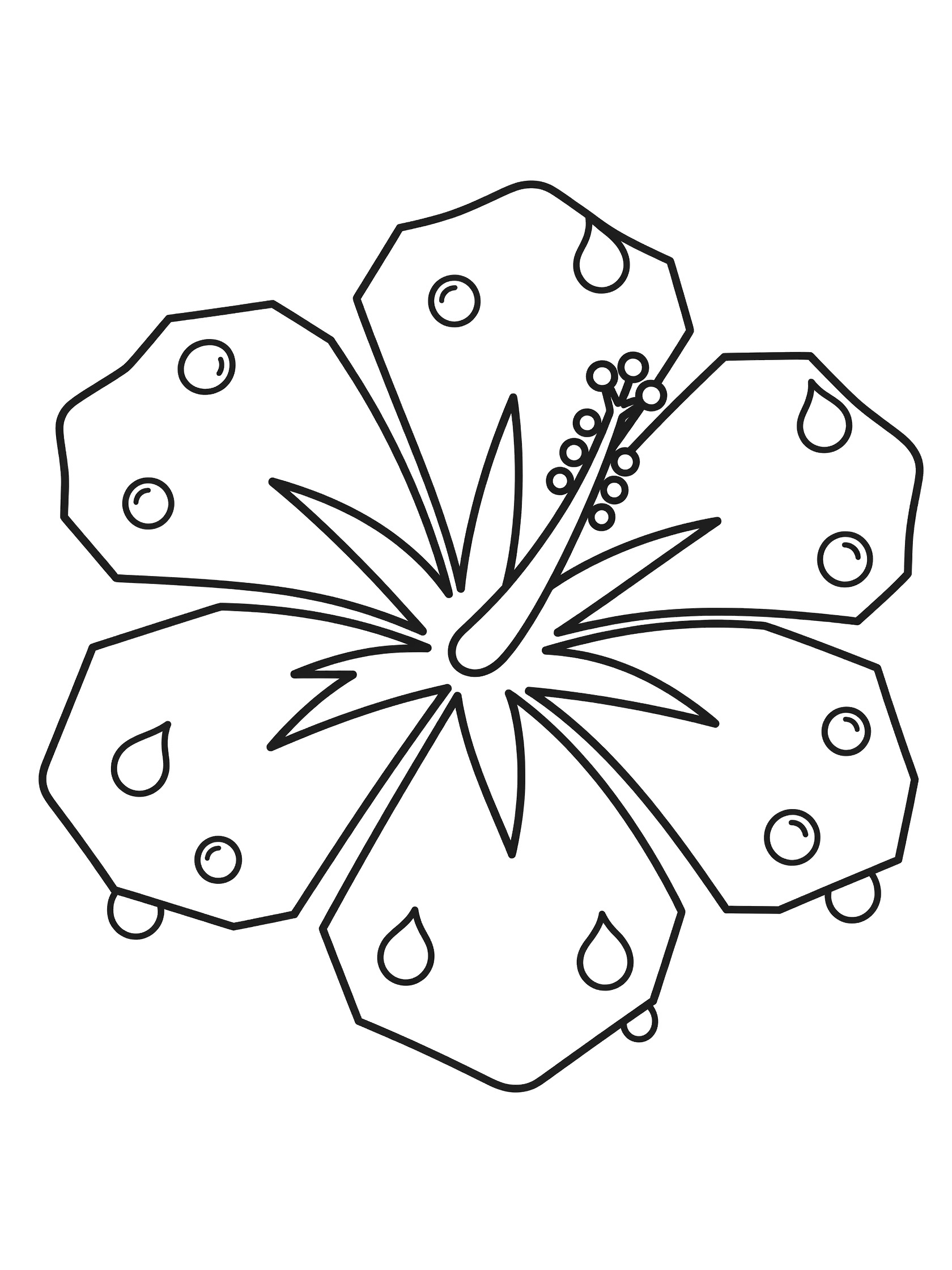 Black and white line drawing of a stylized hibiscus flower with geometric petals and round dew drops on edges