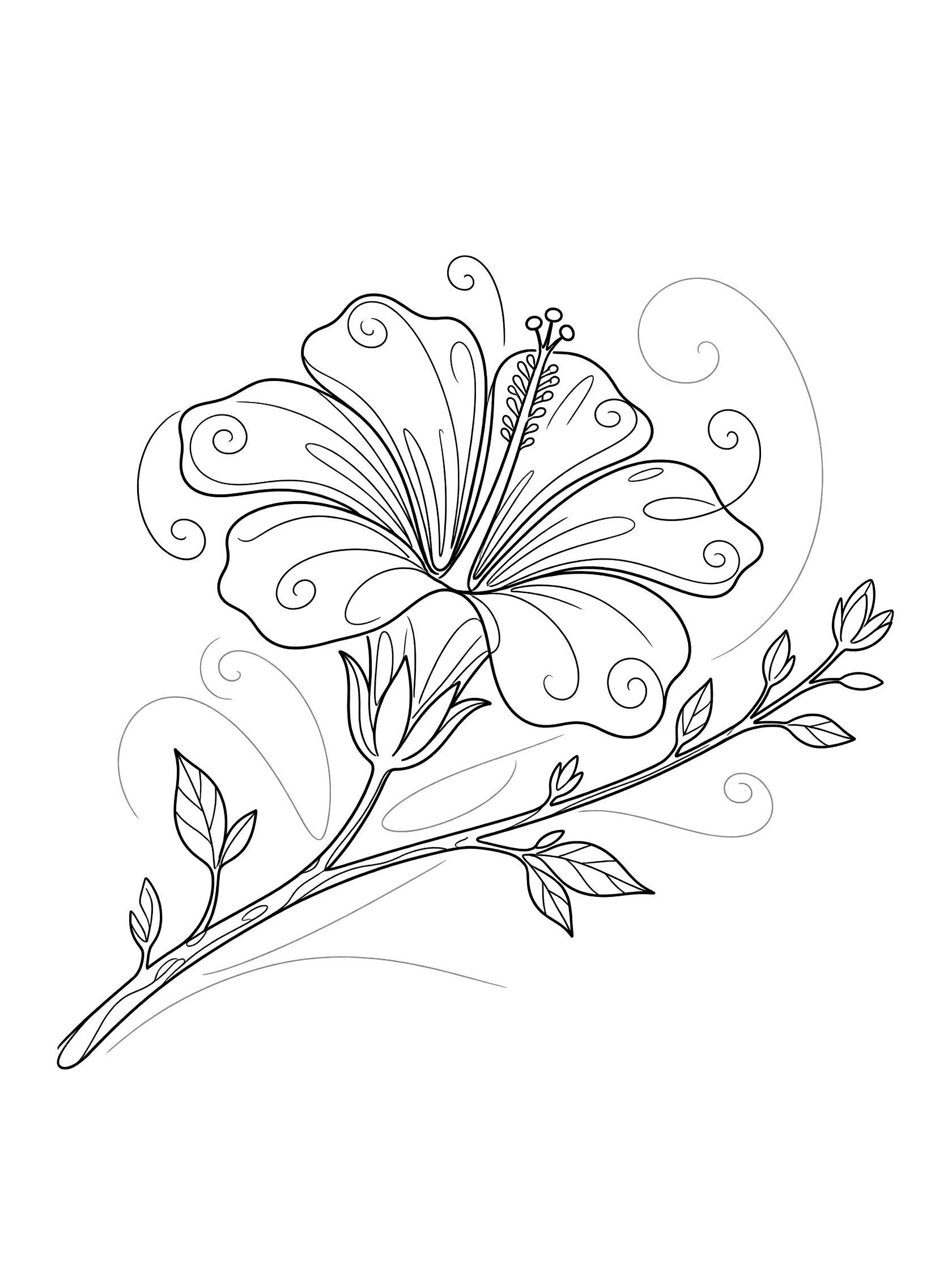 Black and white line art of a hibiscus flower opening on a branch with leaves and small buds, swirling petal details.