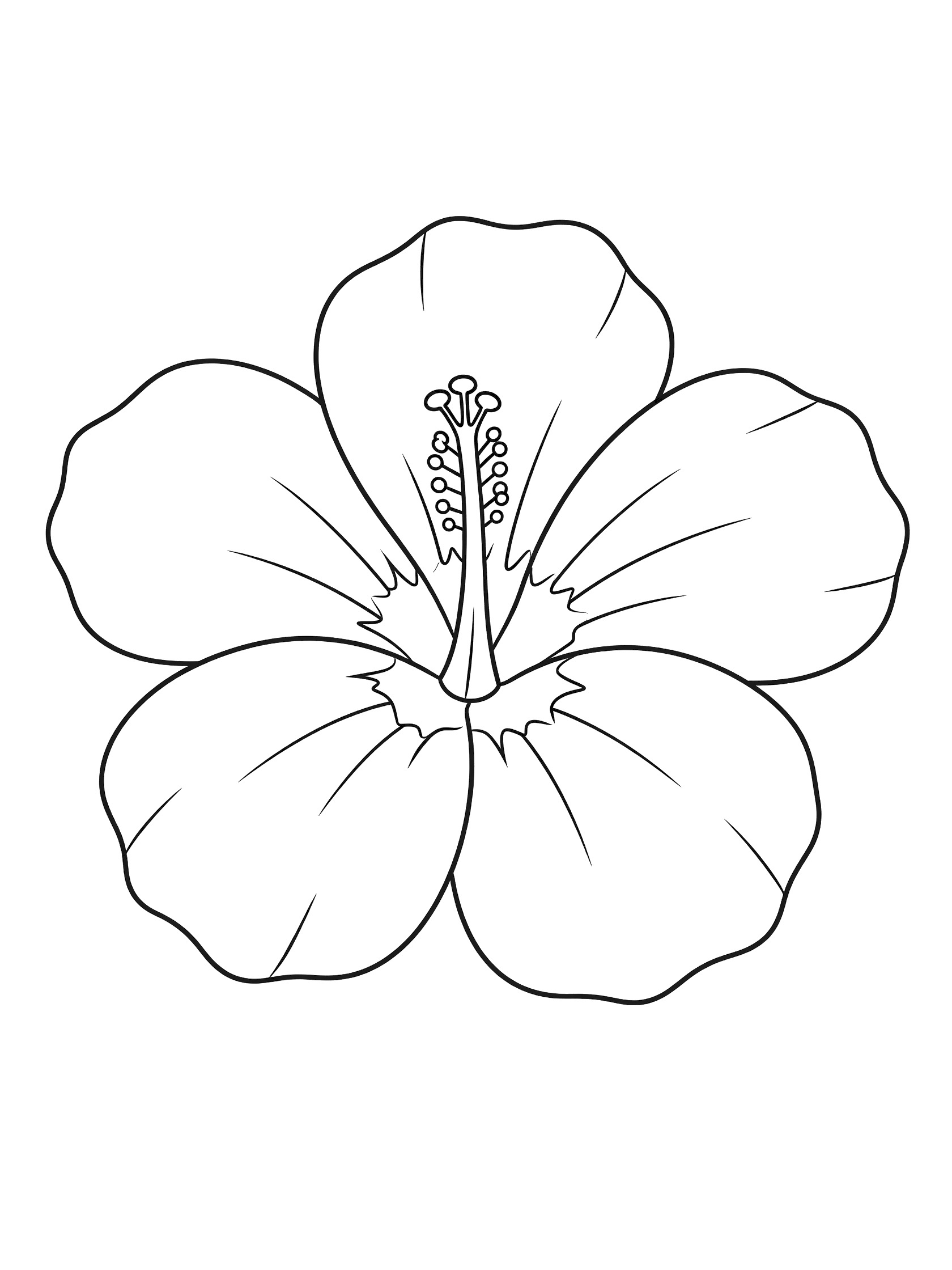 Black and white line art of a large hibiscus flower with five wide ruffled petals and tall stamen in the center, perfect for kids to color