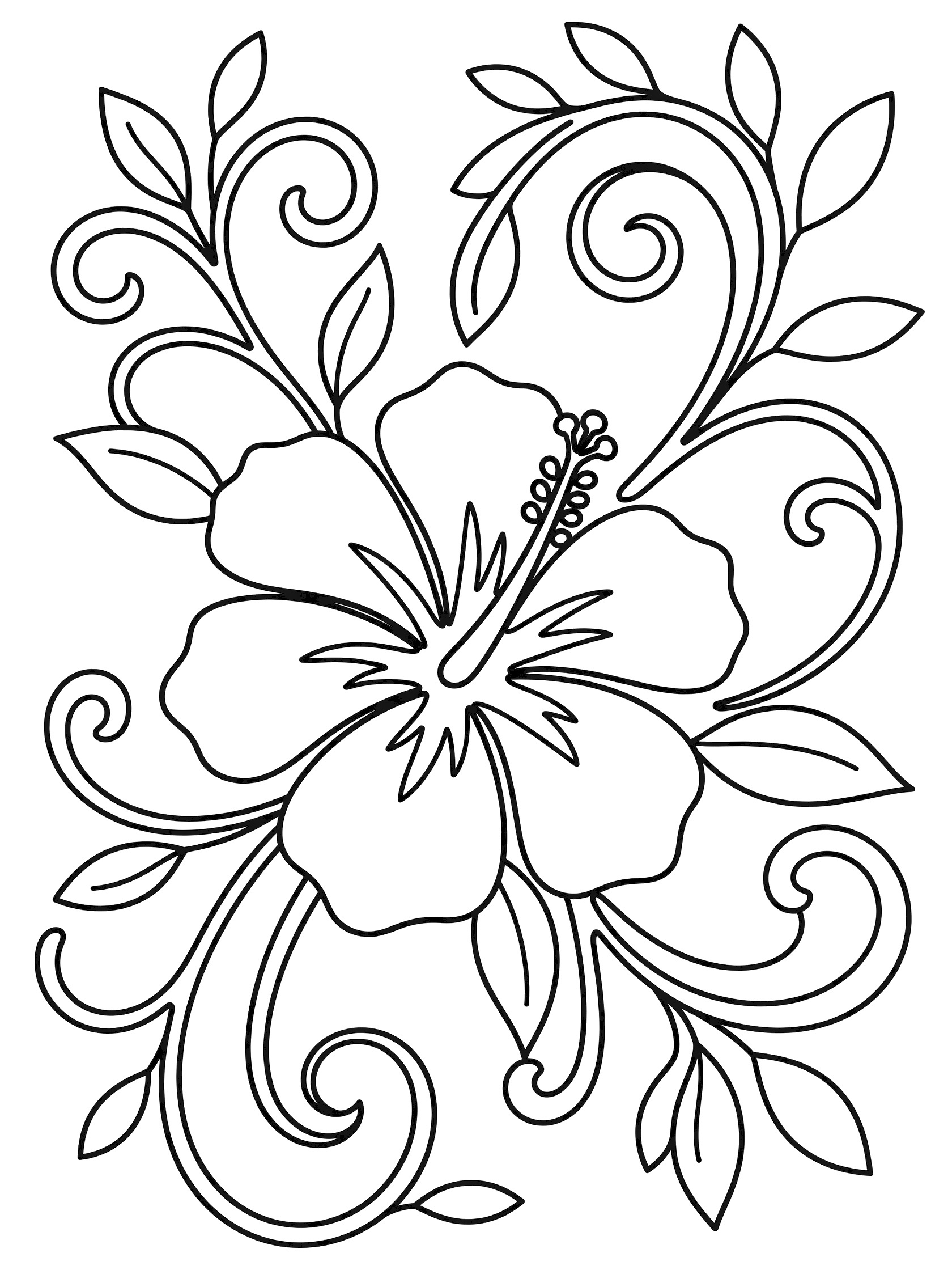 Black and white line art of a large hibiscus flower with wide petals, detailed center, surrounded by swirling doodle vines and simple leaves.