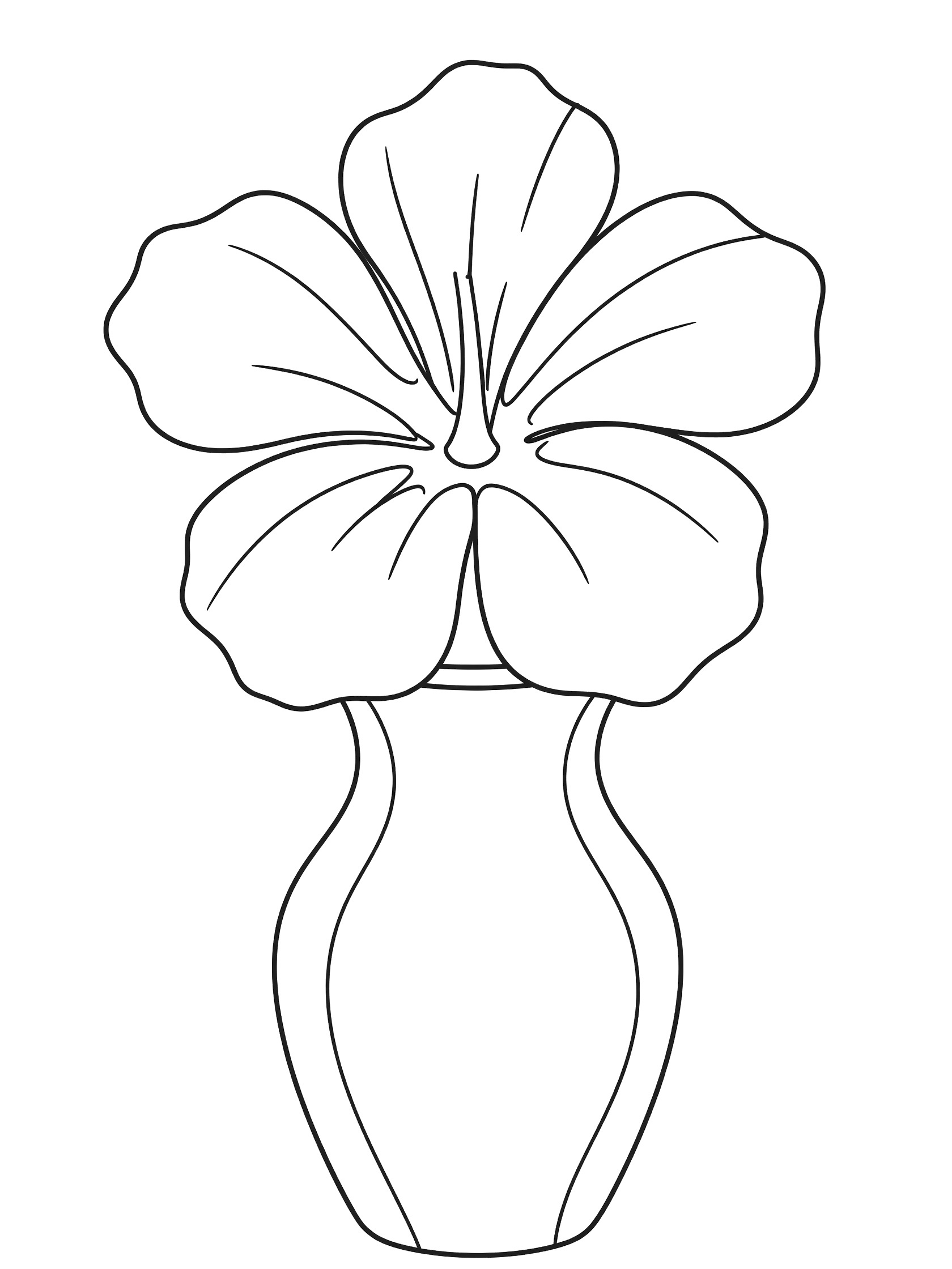 Black and white line art of a hibiscus flower with five wide petals above a curved vase, perfect for kids coloring.