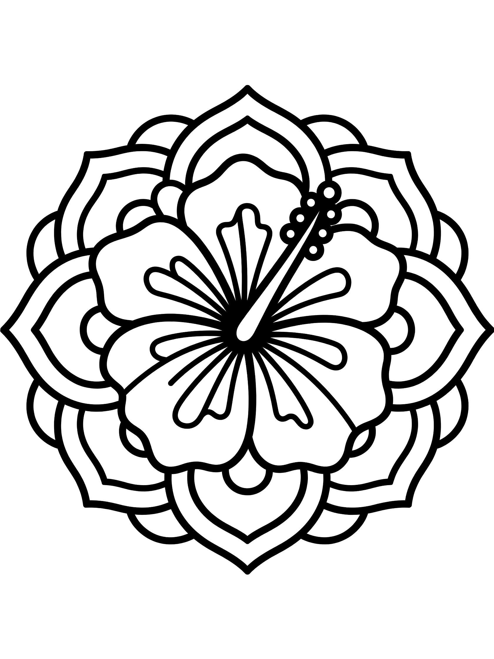 Black and white printable coloring page of a symmetrical hibiscus flower mandala with detailed petals, center stamen, and geometric circle designs. Hibiscus Mandala themed black and white printable line art