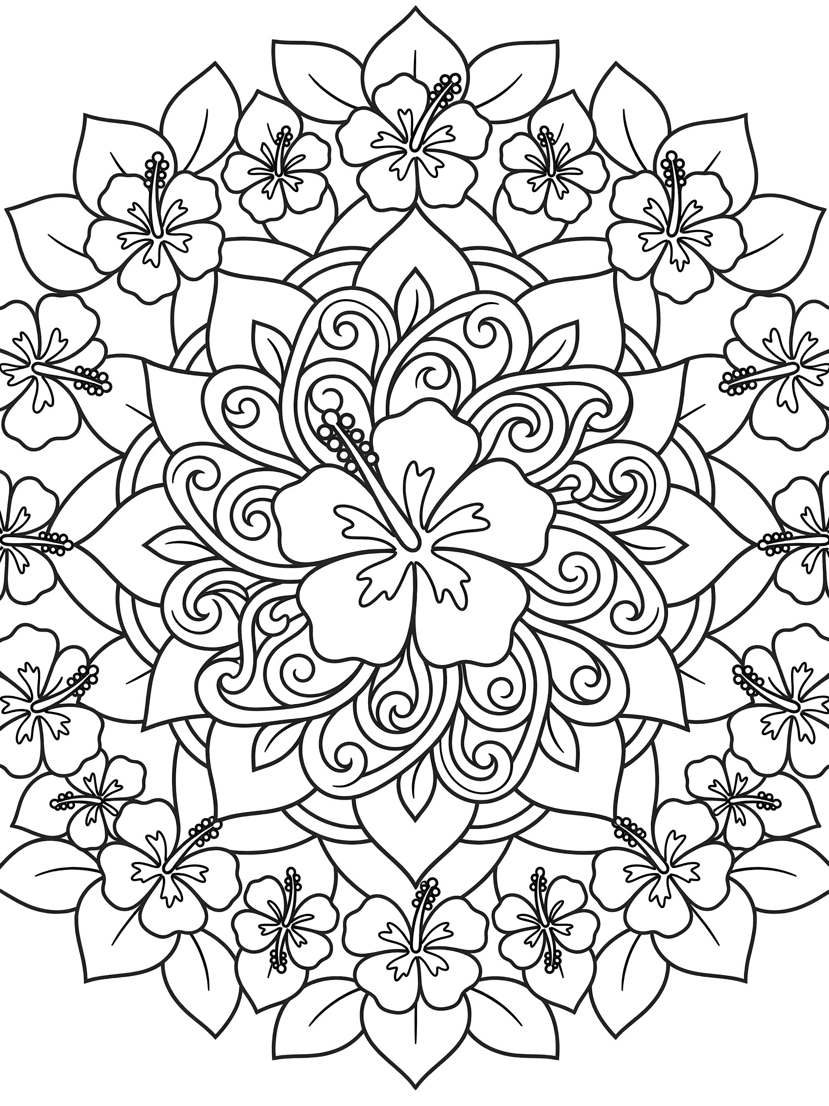 Black and white hibiscus mandala coloring page featuring a central hibiscus flower bursting into symmetrical floral patterns with vines and leaves.