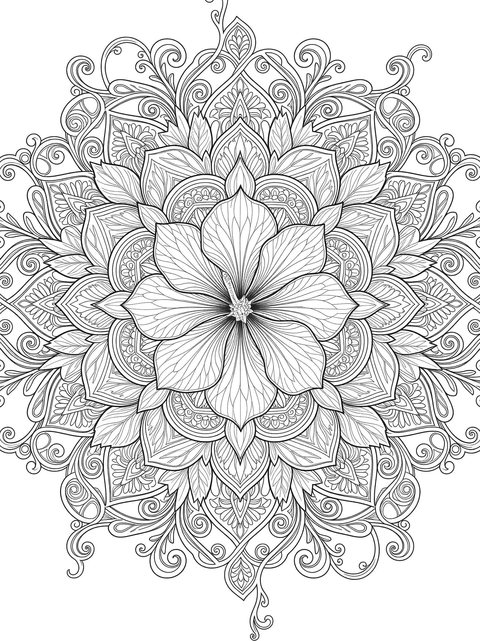 Black and white line art of a symmetrical hibiscus mandala with layered leaves, curling vines, and detailed flower petals for coloring.