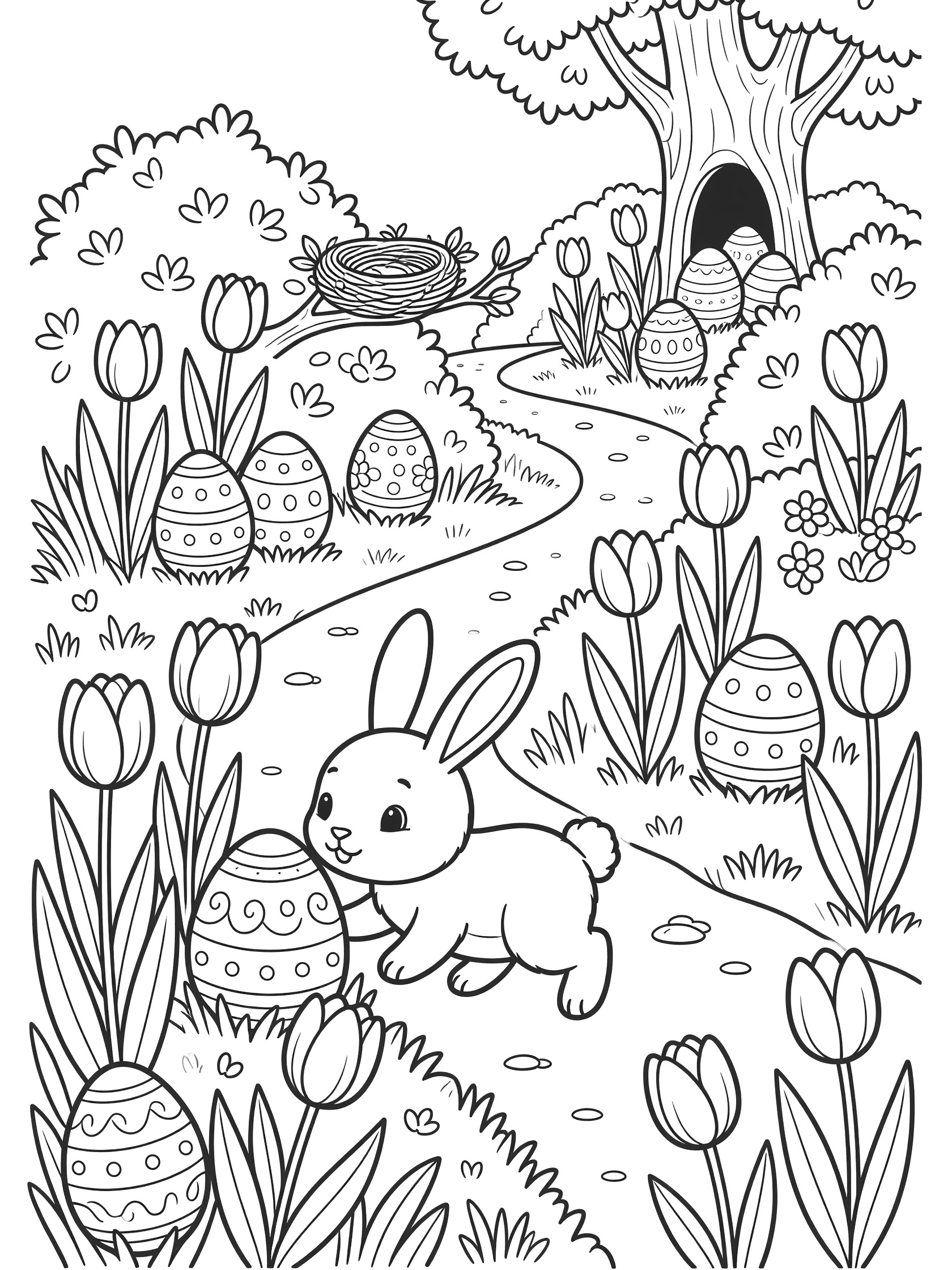 Cute cartoon coloring page with decorative Easter eggs hidden in a spring garden scene featuring a baby bunny, blooming tulips, bird nest, and winding path.