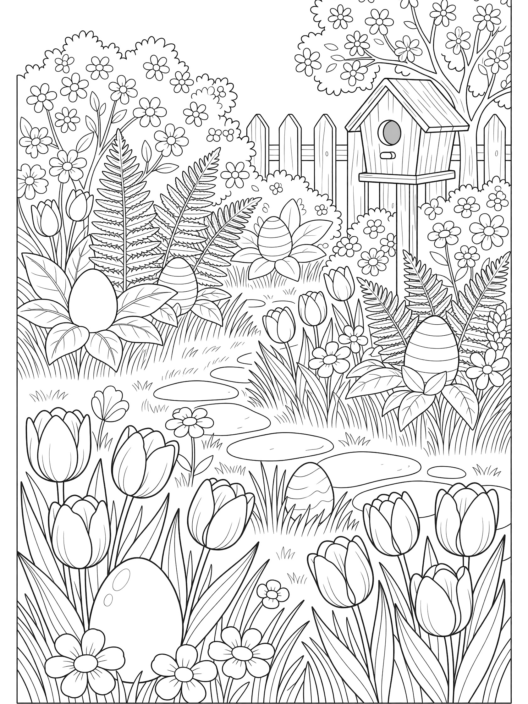 Printable coloring page showing Easter eggs playfully hidden among tulips, ferns, tall grass, bushes, a birdhouse, stone path, picket fence, and flowering tree in a garden