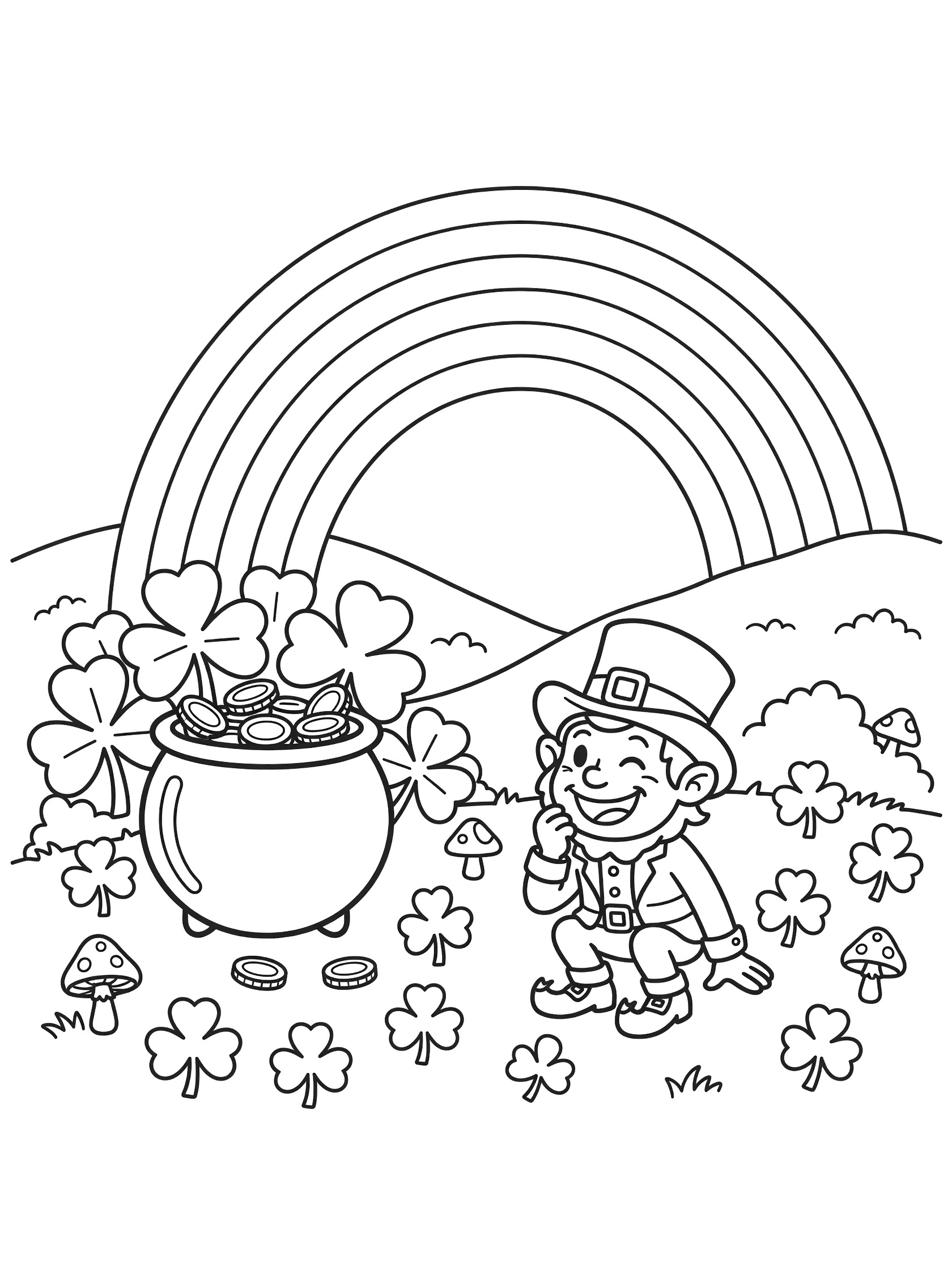 Black and white line art coloring page showing a pot of gold peeking from shamrock leaves, guarded by a playful leprechaun under a curving rainbow with hills, clovers, and mushrooms.