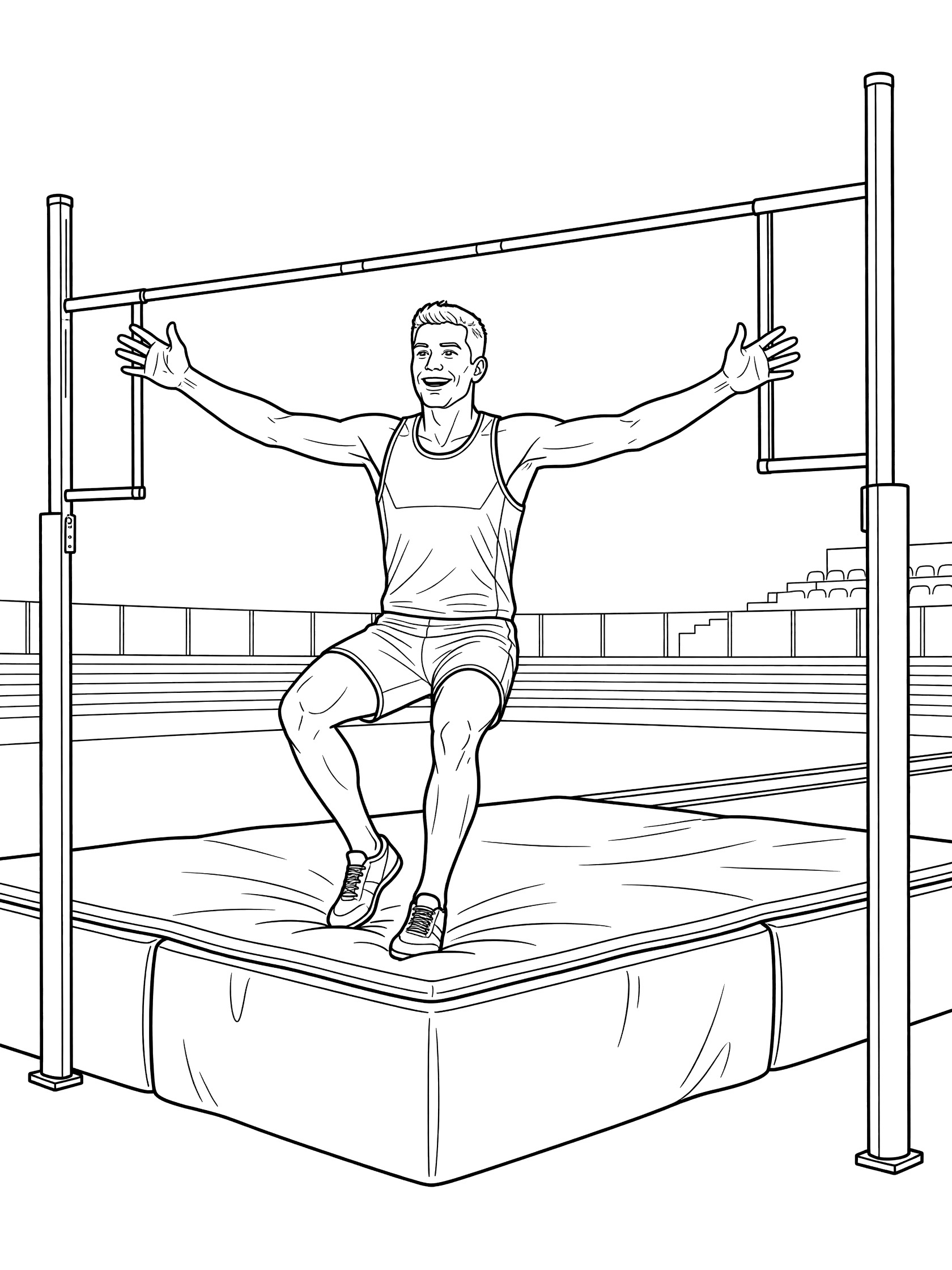 Black and white line art of a joyful high jumper landing on the mat after clearing the high jump bar, arms raised in triumph.