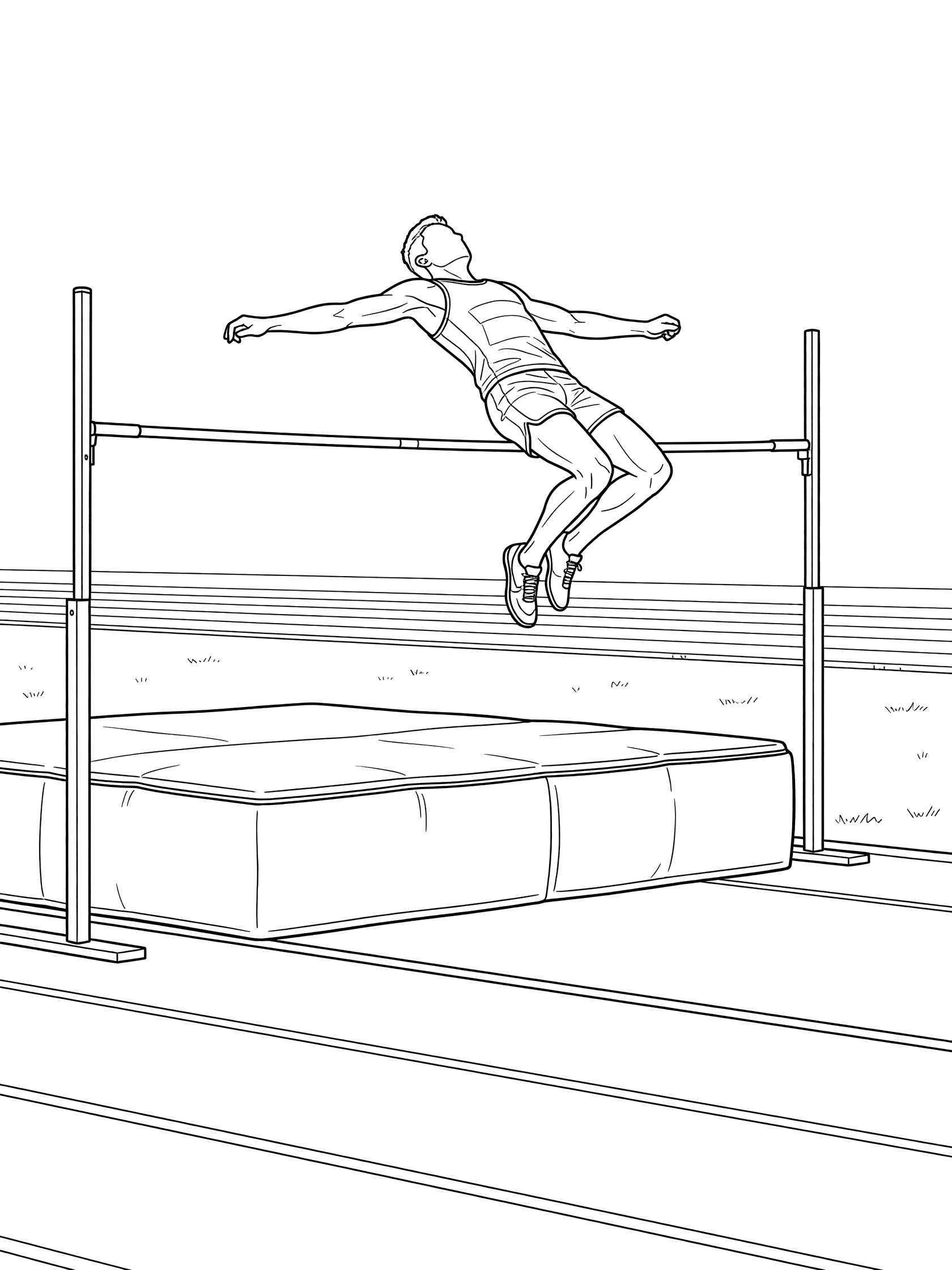 Black and white line art of a high jump athlete mid-air over the bar with arched back, pointed toes, standards, and landing mat on a track field.