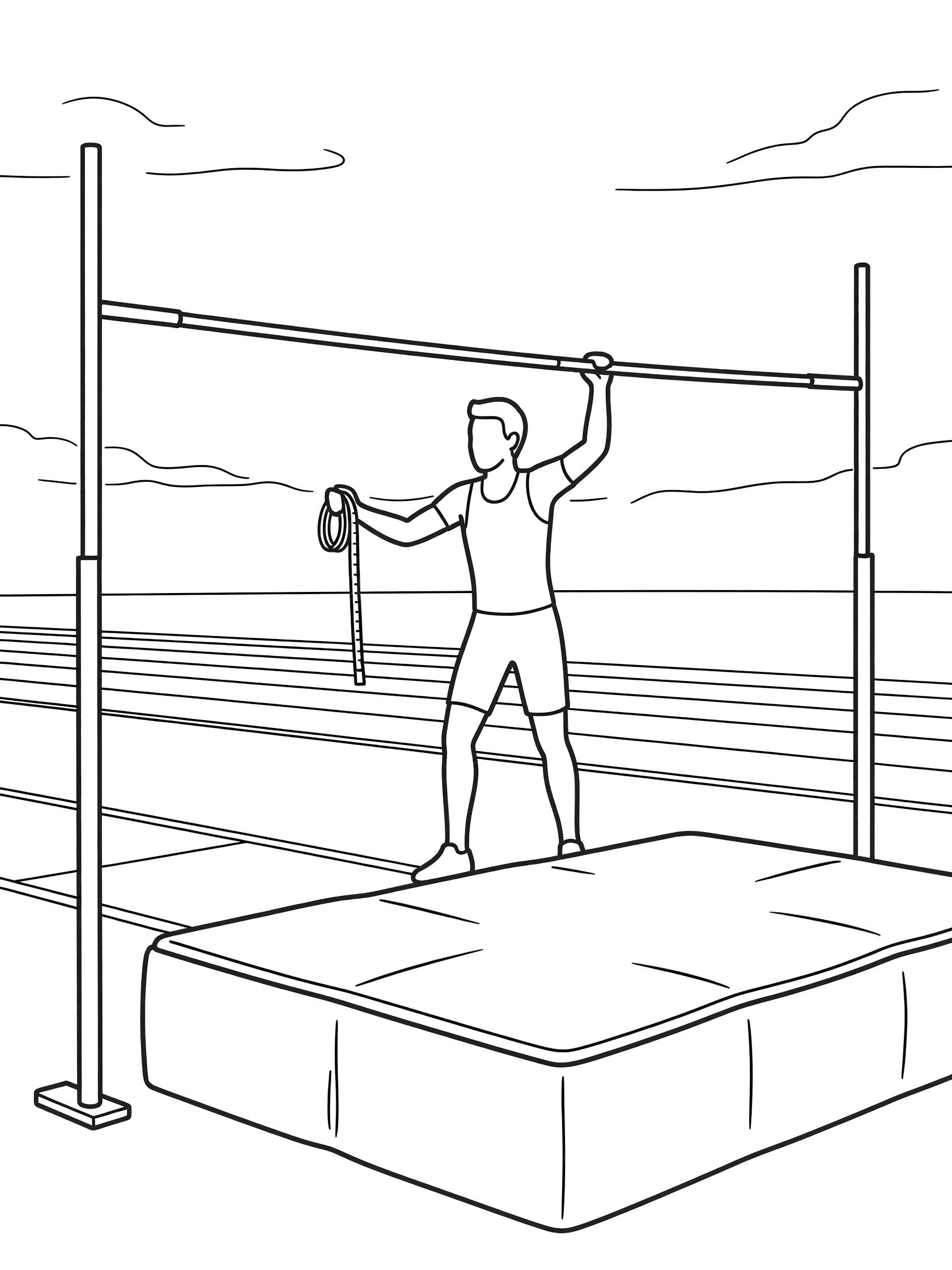 Black and white line art of high jump athlete in shorts and tank top, one hand raising the crossbar on tall standards, other hand holding measuring tape, standing on landing mat near track field.