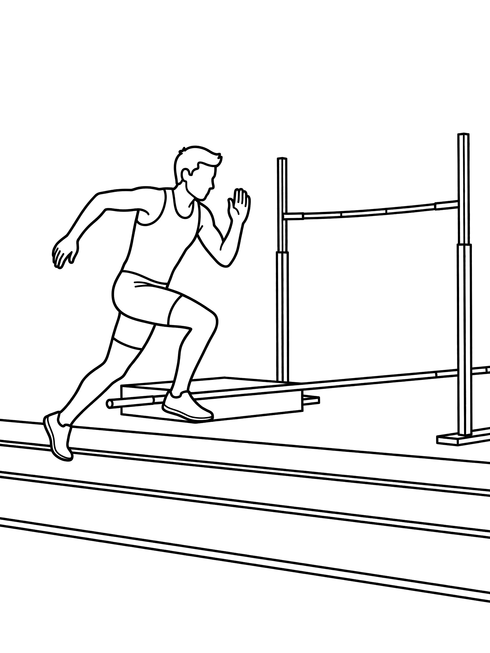 Black and white coloring page of a sprinter running toward high jump takeoff board on rubber track with standards and bar nearby.