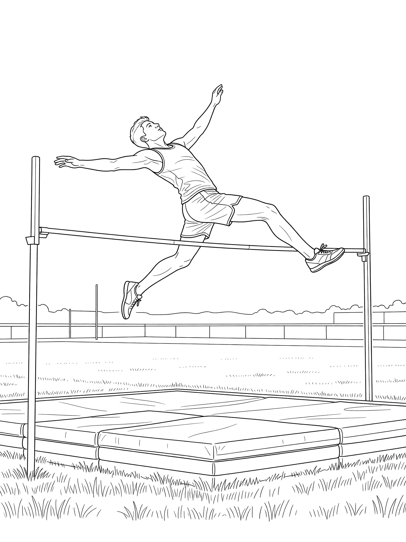 Black and white coloring page of a high jumper twisting dynamically in the air over the high jump bar with landing mat below