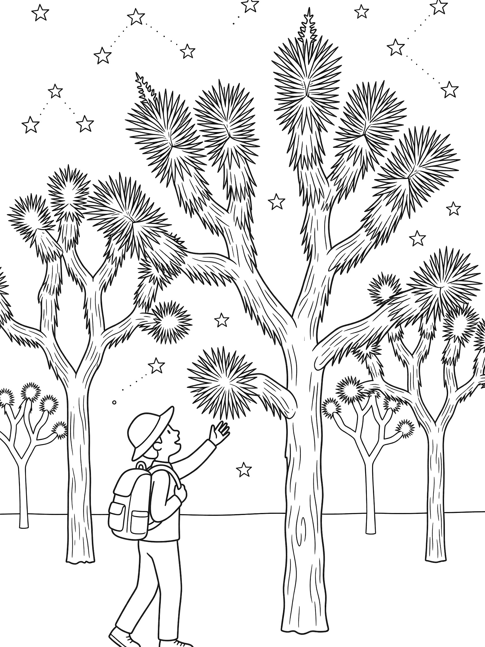 Black and white coloring page showing a hiker discovering twisted Joshua trees in Death Valley with stars in the night sky.