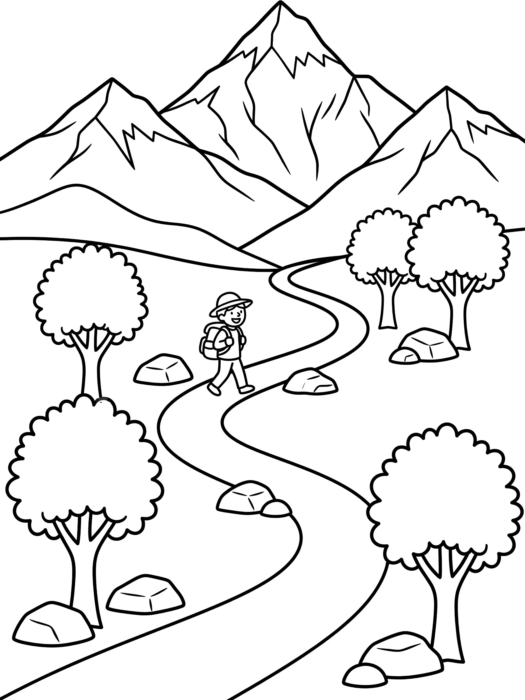 Black and white line art coloring page showing a hiker with backpack on a curvy path surrounded by trees and rocks leading to pointy mountain peaks. Annapurna themed black and white printable line art