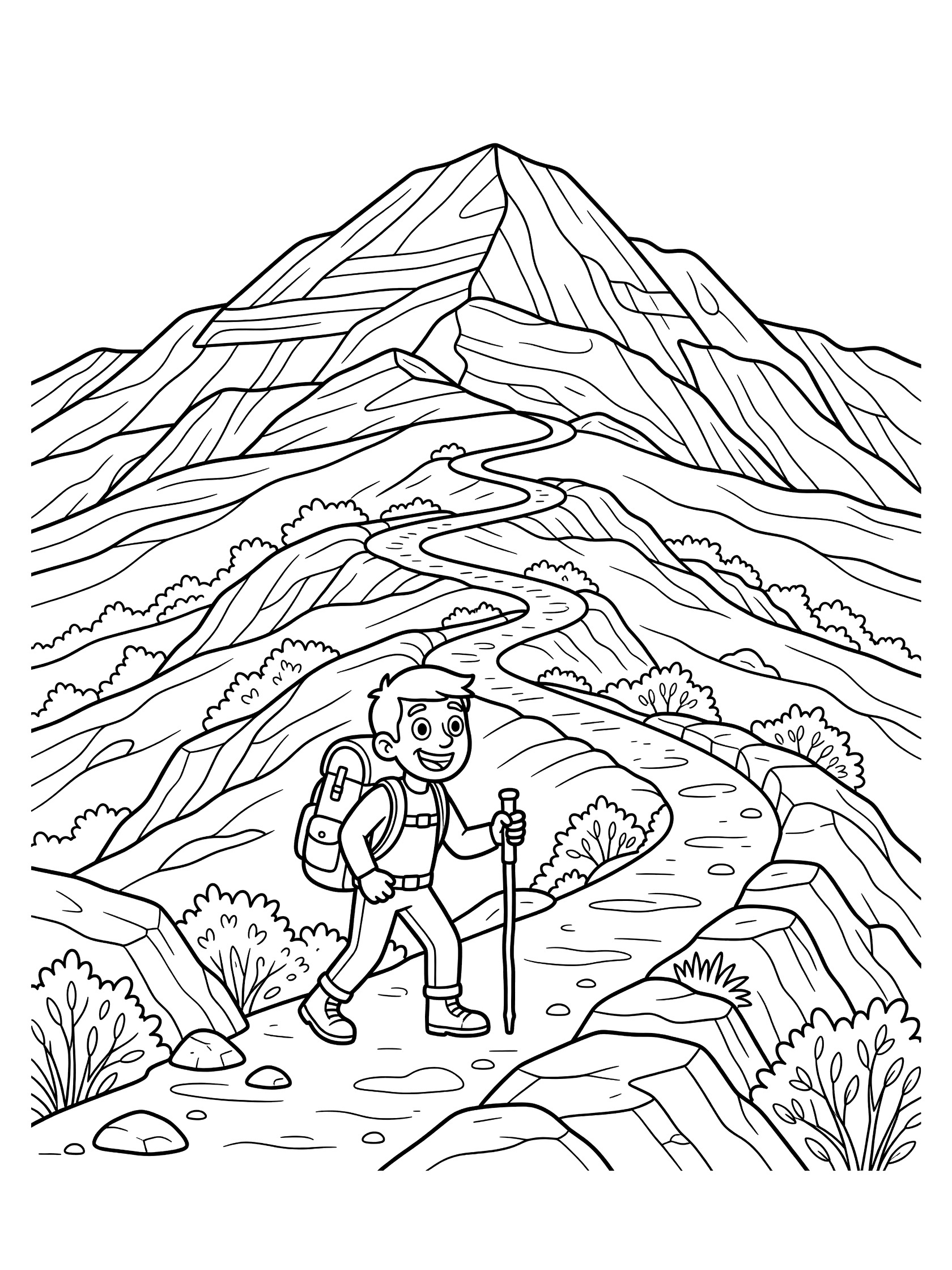 Cartoon hiker with backpack and walking stick climbing a winding trail on a mountain with rocky outcrops, bushes, and layered ridges in clean line art style. Pikes Peak themed black and white printable line art