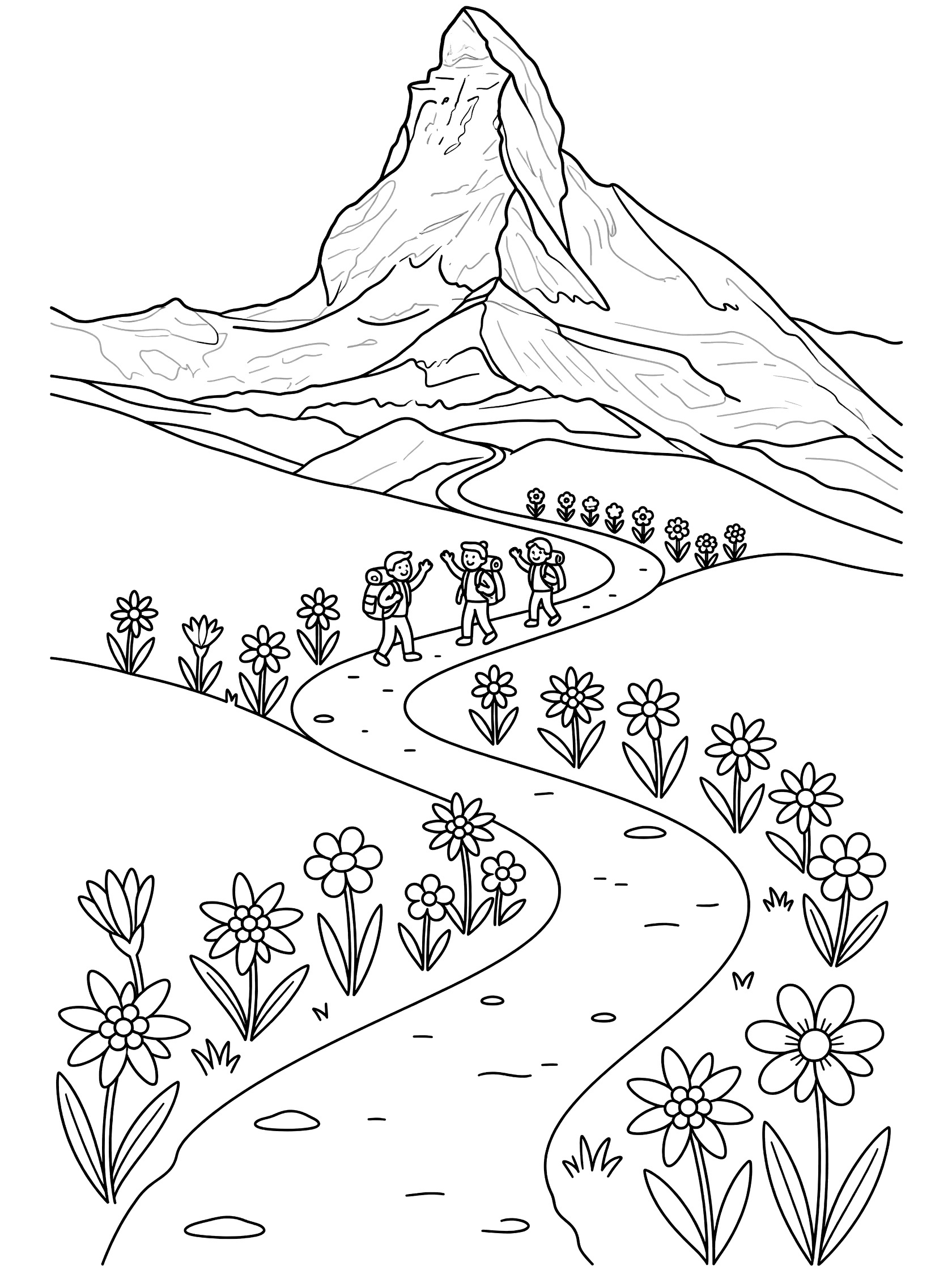 Black line art coloring page showing a winding dirt trail leading to a tall jagged mountain peak with snow cap, hikers carrying backpacks and waving on the path, and daisies lining the trail edges. Matterhorn themed black and white printable line art
