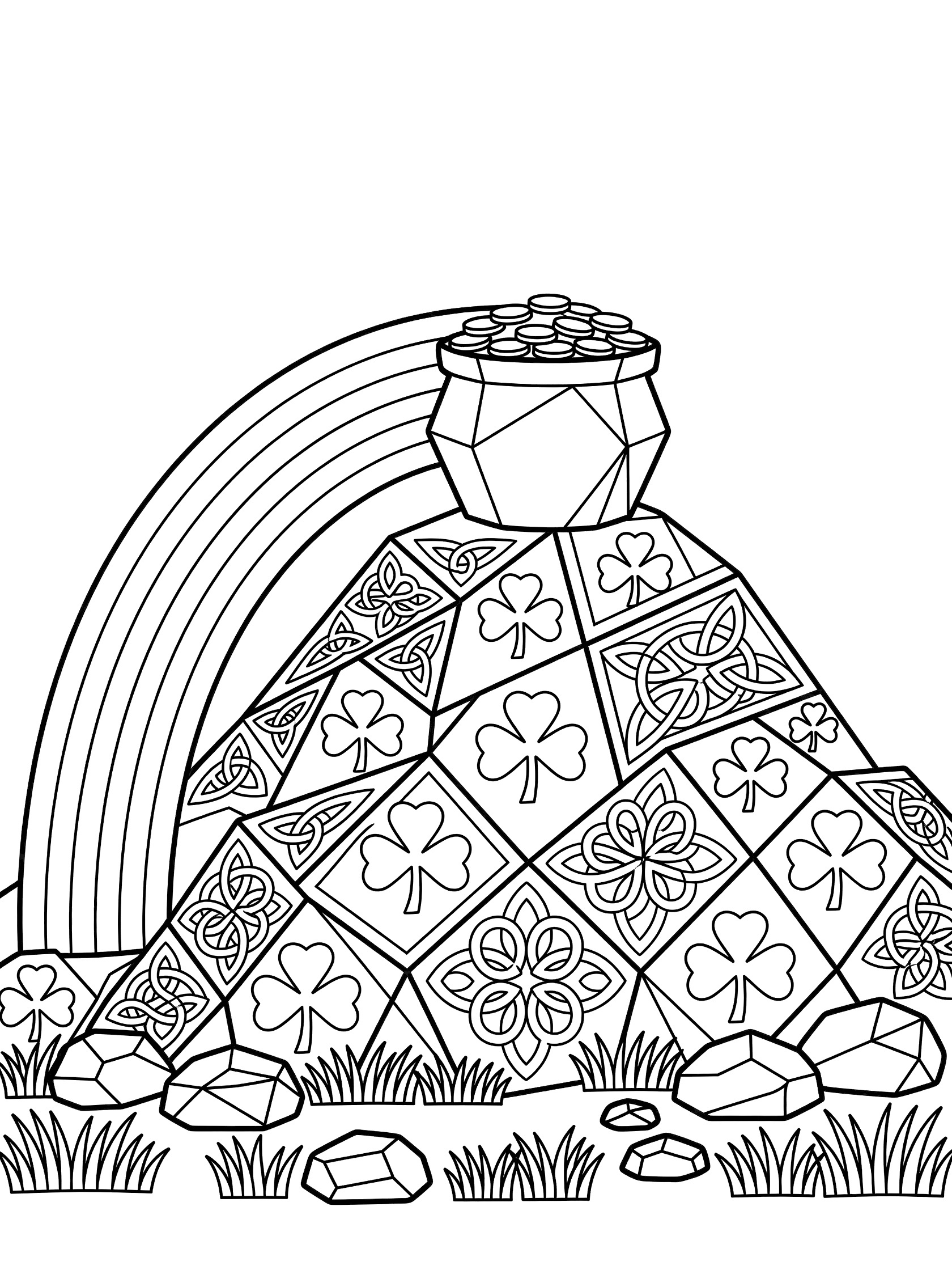 Black and white coloring page showing a large geometric pot of gold on a steep hill with rainbow, shamrocks, Celtic knots, stones, and grass.