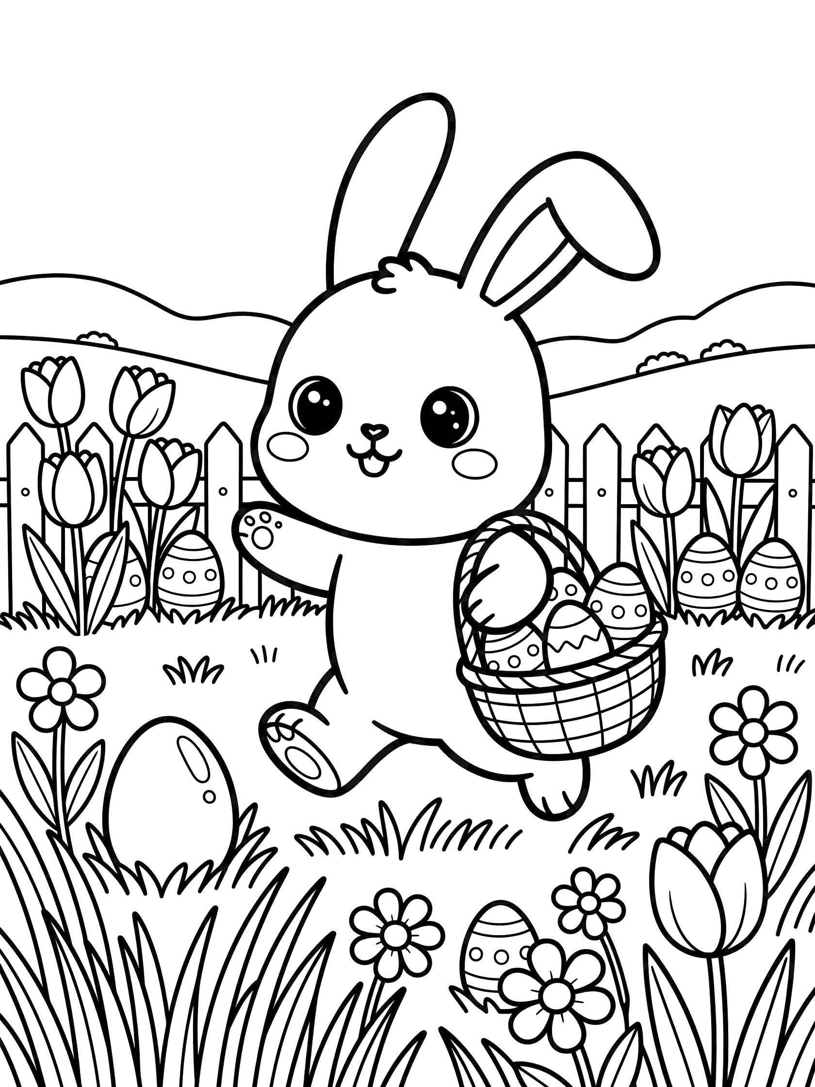 Kawaii Easter bunny with big eyes and floppy ears hopping to grab a shiny egg, carrying a basket of colorful eggs amid flowers and tulips in a meadow.