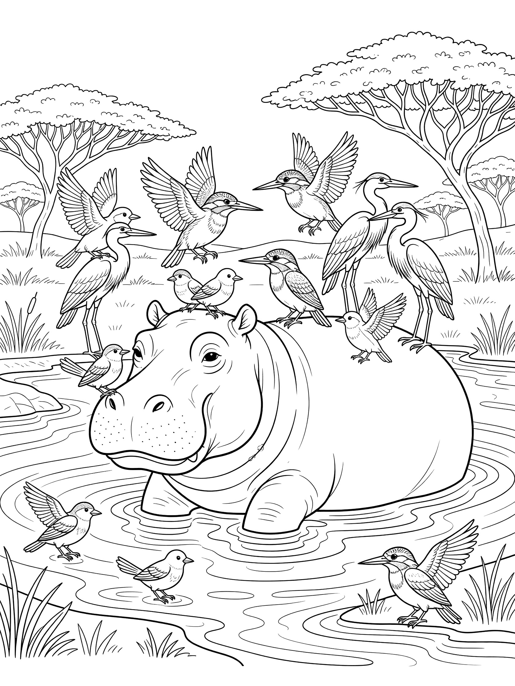 Black and white line art coloring page showing a large hippopotamus in the water with multiple kingfisher birds flying and perched on it, distant acacia trees in the background.