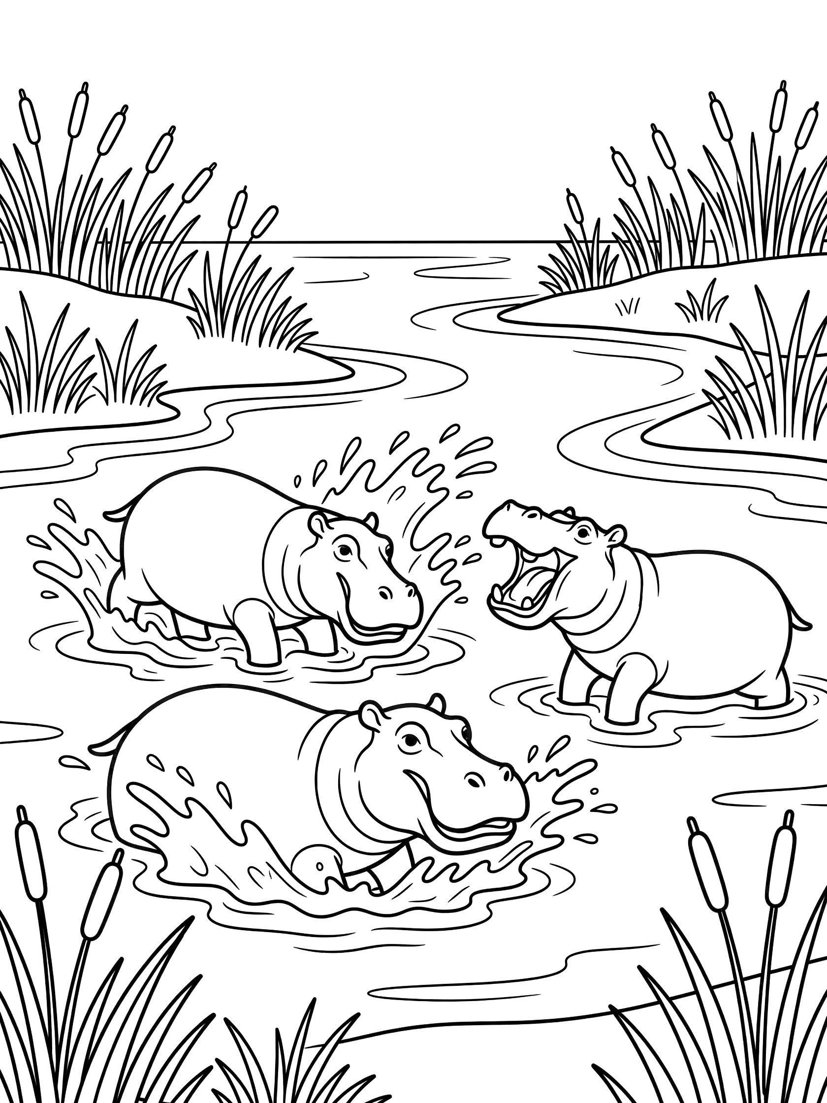 Black and white line art coloring page showing three hippos splashing in a river surrounded by reeds and grass. Congo River themed black and white printable line art
