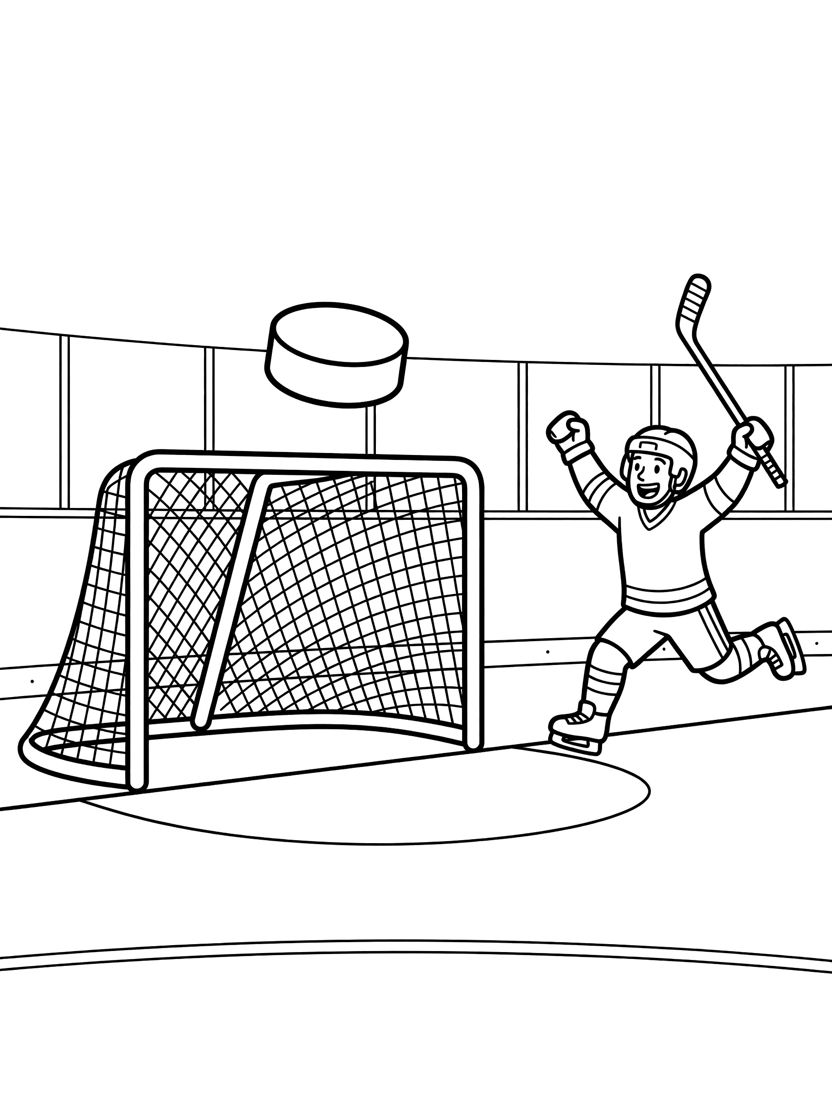 Cartoon line art of hockey puck soaring into a detailed net with twine mesh and wooden frame, player celebrating with raised stick on indoor rink