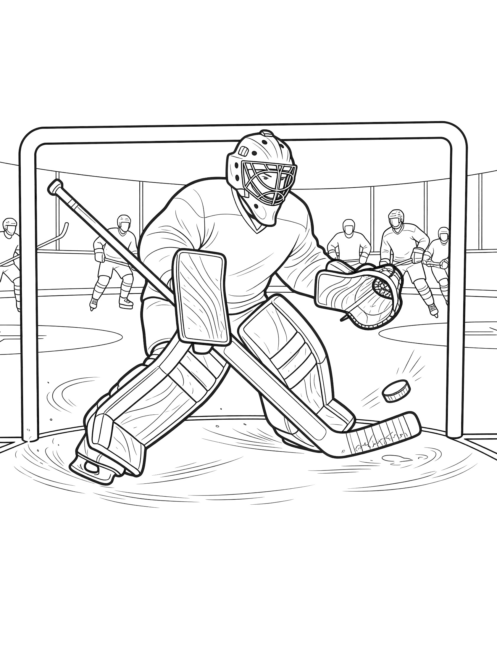 Black and white line art of a hockey goalie wearing a goalie mask, blocking a slapshot puck in the net with his blocker on an ice rink with goal posts and other players.