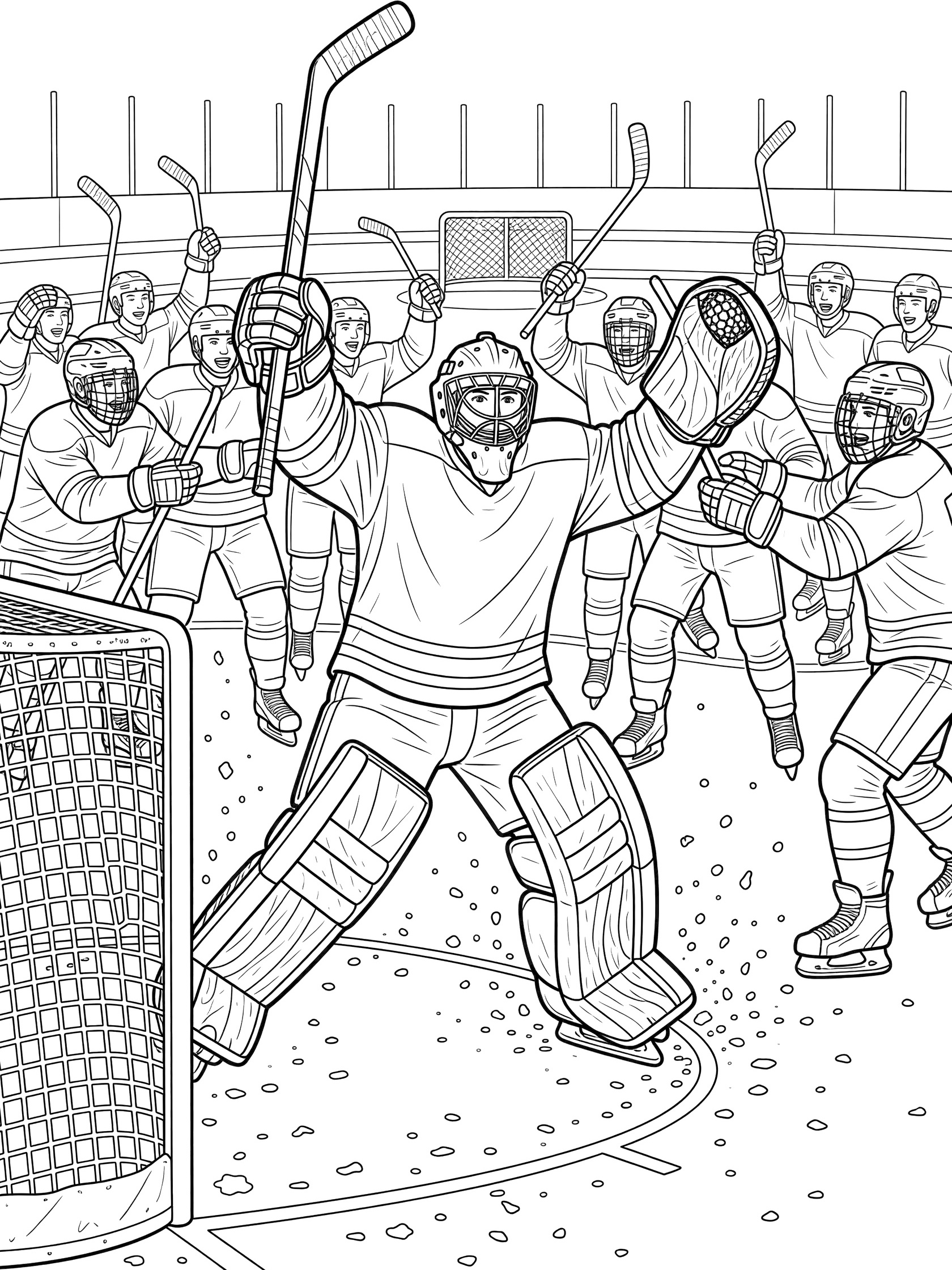Black and white coloring page of a hockey goalie in goalie mask skating out of the net raising his stick high in celebration with teammates mobbing him and ice chips scattering around.