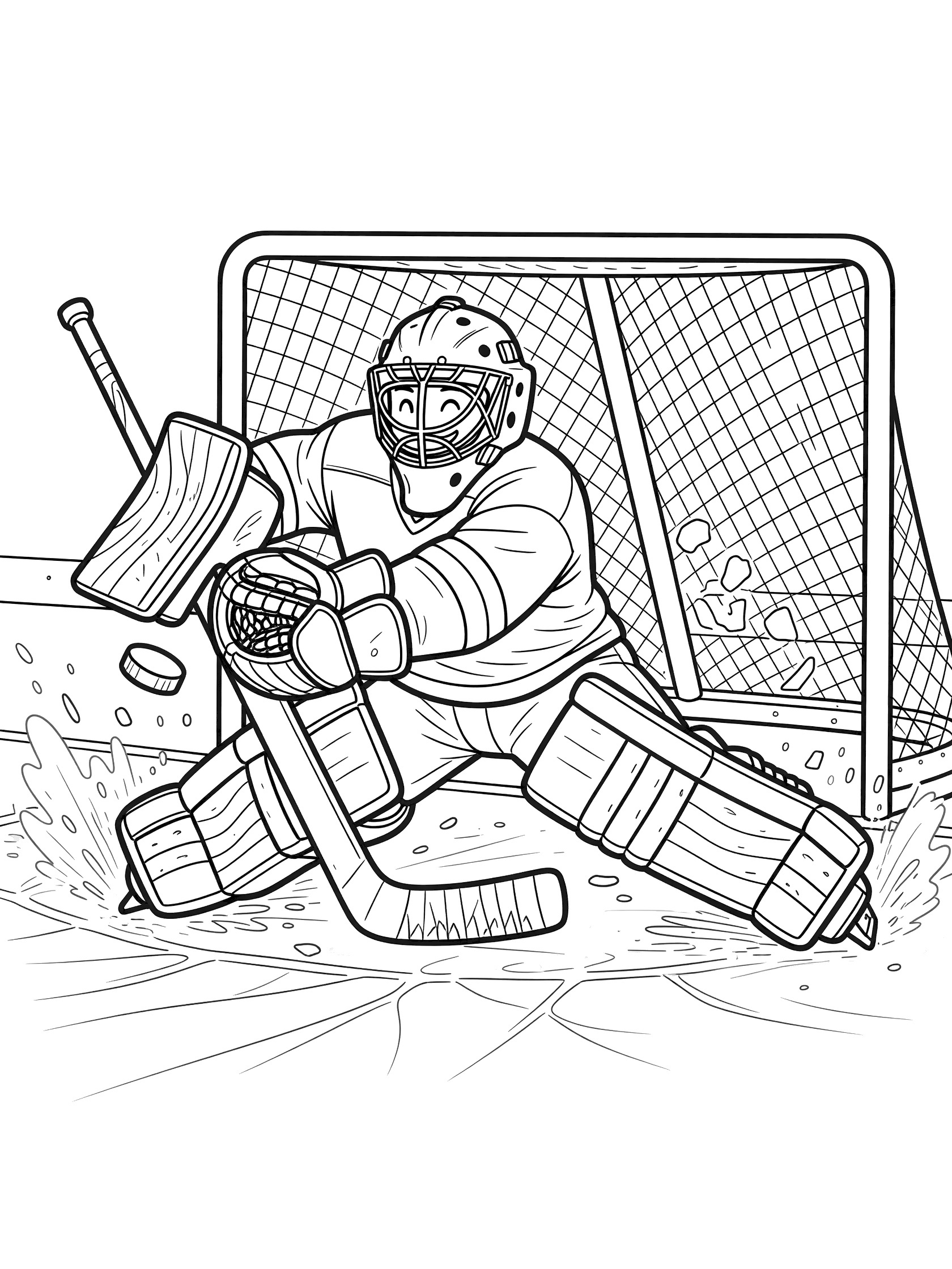 Black and white line art of hockey goalie with goalie mask diving sideways on ice rink to snag puck in oversized catching glove, net and ice shavings in background