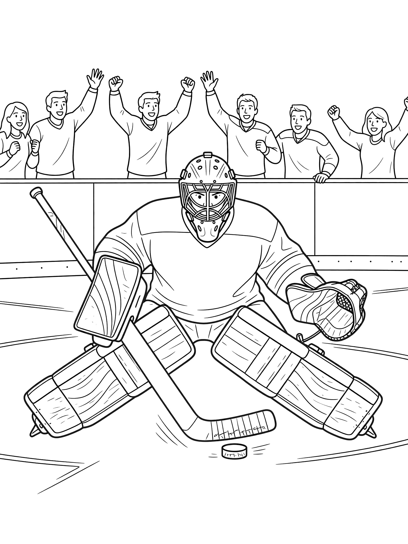Printable coloring page of hockey goalie dropping into butterfly save with goalie mask, deflecting puck using leg pads, cheering teammates in background.