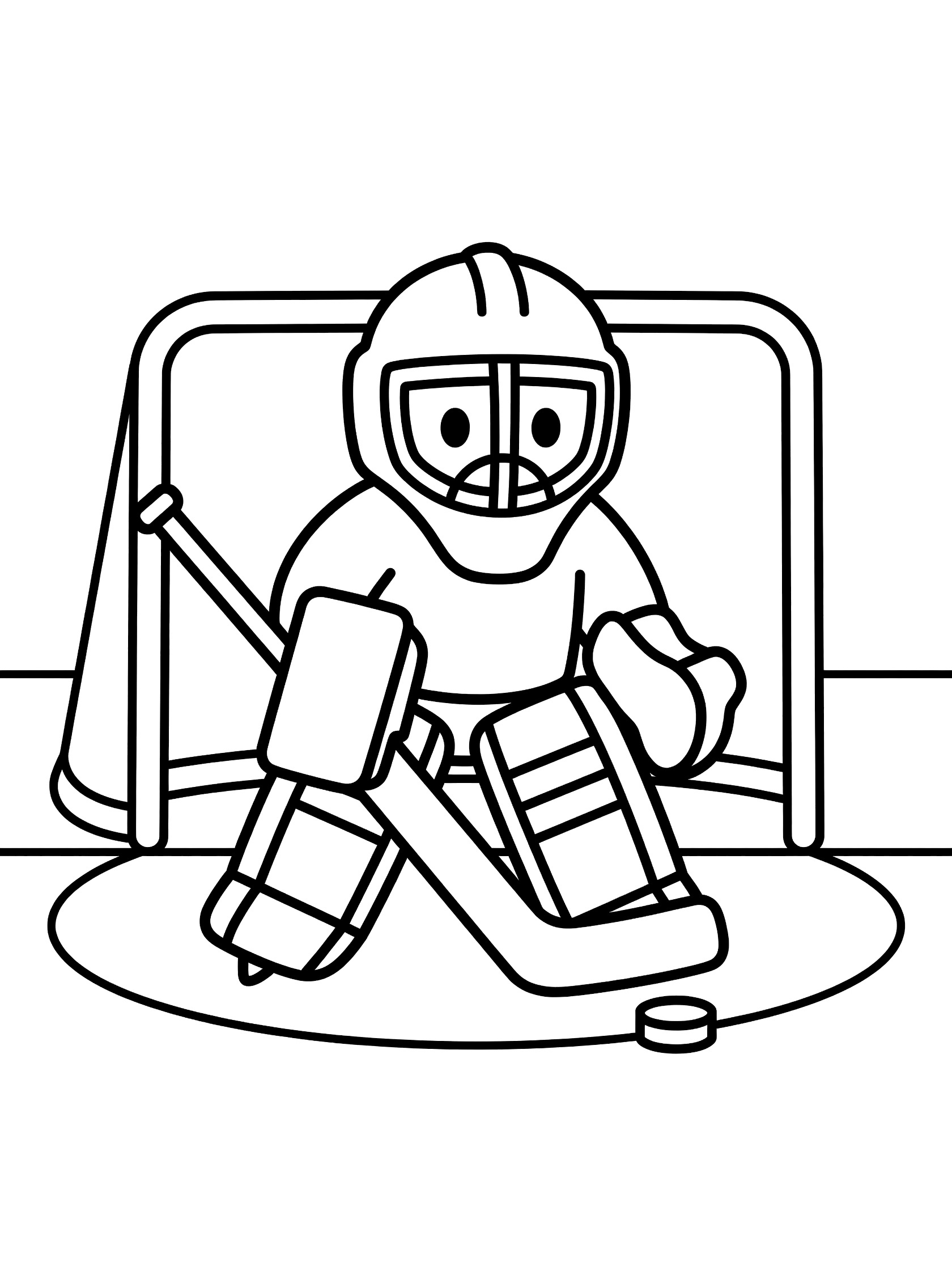 Adorable cartoon hockey goalie wearing goalie mask, pressing paddle down to block puck in front of goal net on simple ice rink coloring page